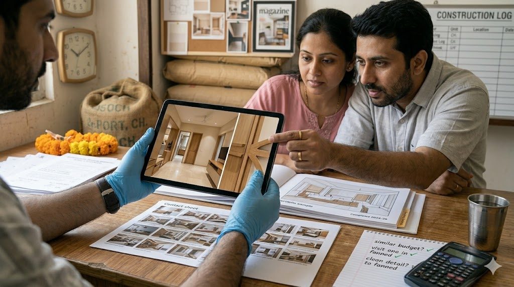 Indian homeowner couple critically reviewing a designer's portfolio on a tablet across a wooden studio table — designer holding the tablet showing a high-res completed-project photo, one partner pinching to zoom into a joinery detail, the couple's pencilled checklist alongside (