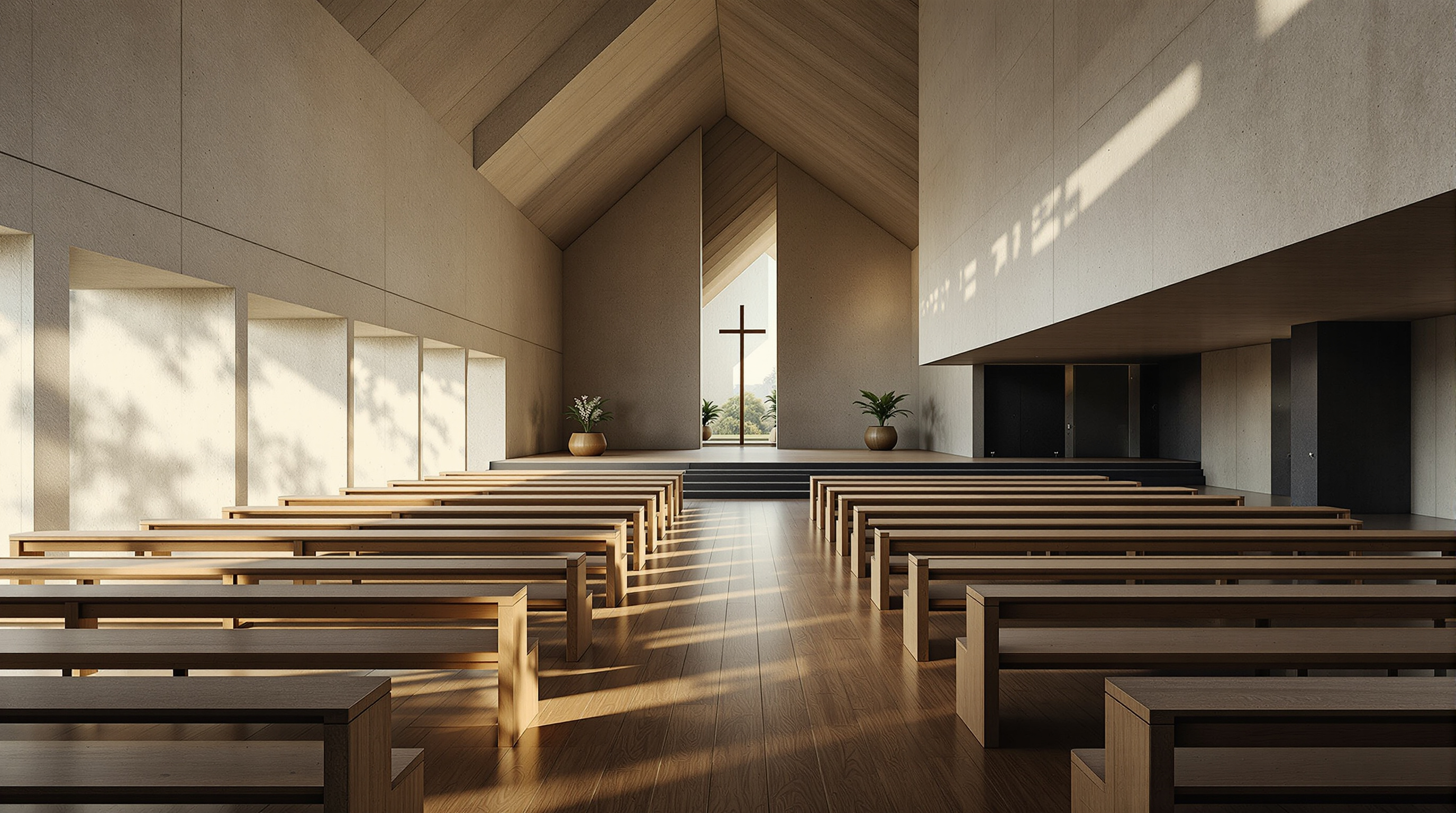 Looking back from the altar of the Church of the Light toward the entrance: the free-standing concrete wall set at an angle slices across the room, and low afternoon light rakes across the dark stepped timber floor and simple bench pews made of unfinished planks