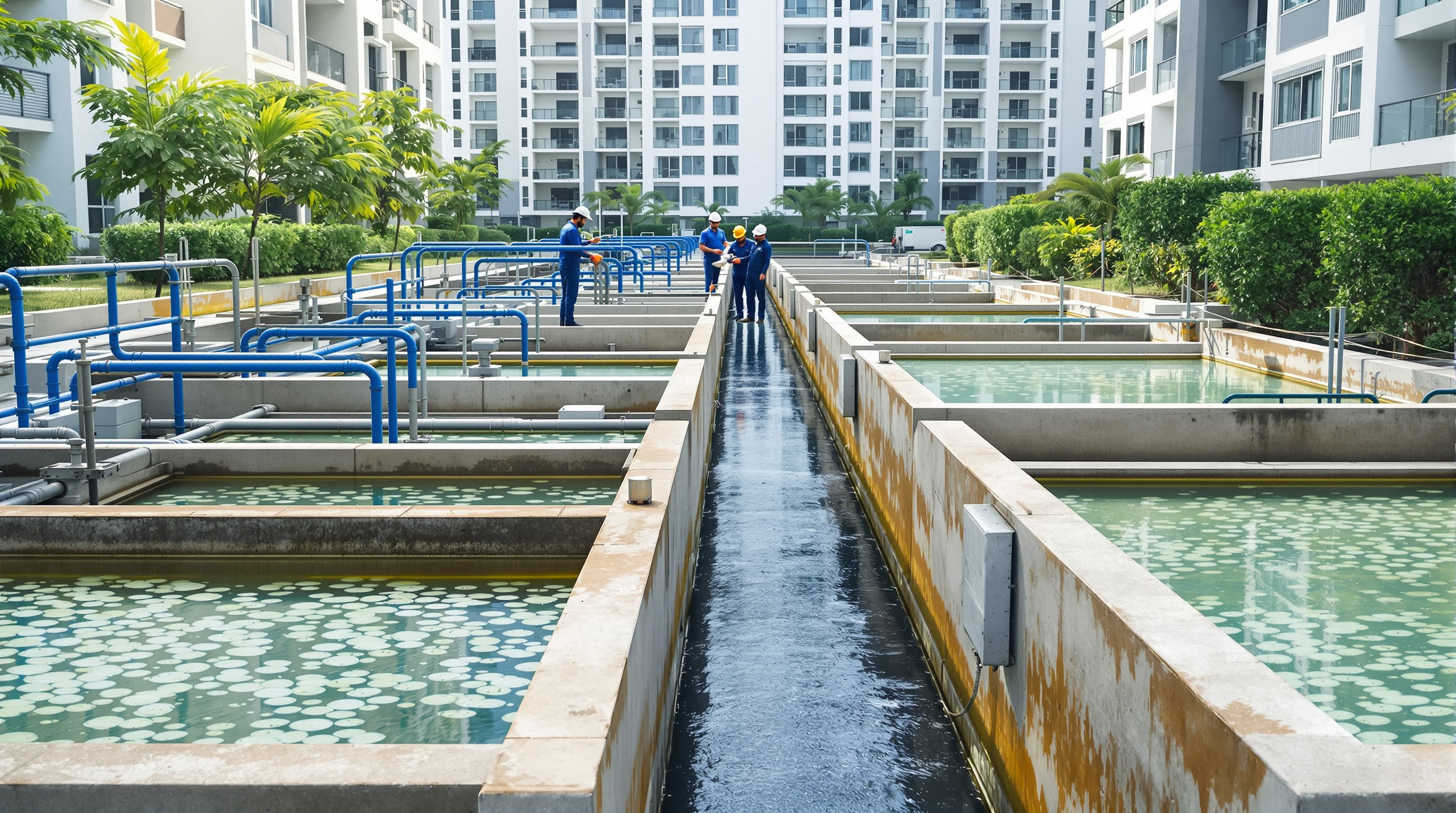 On-site packaged sewage treatment plant with aeration tanks in a residential complex, treated water piped toward reuse