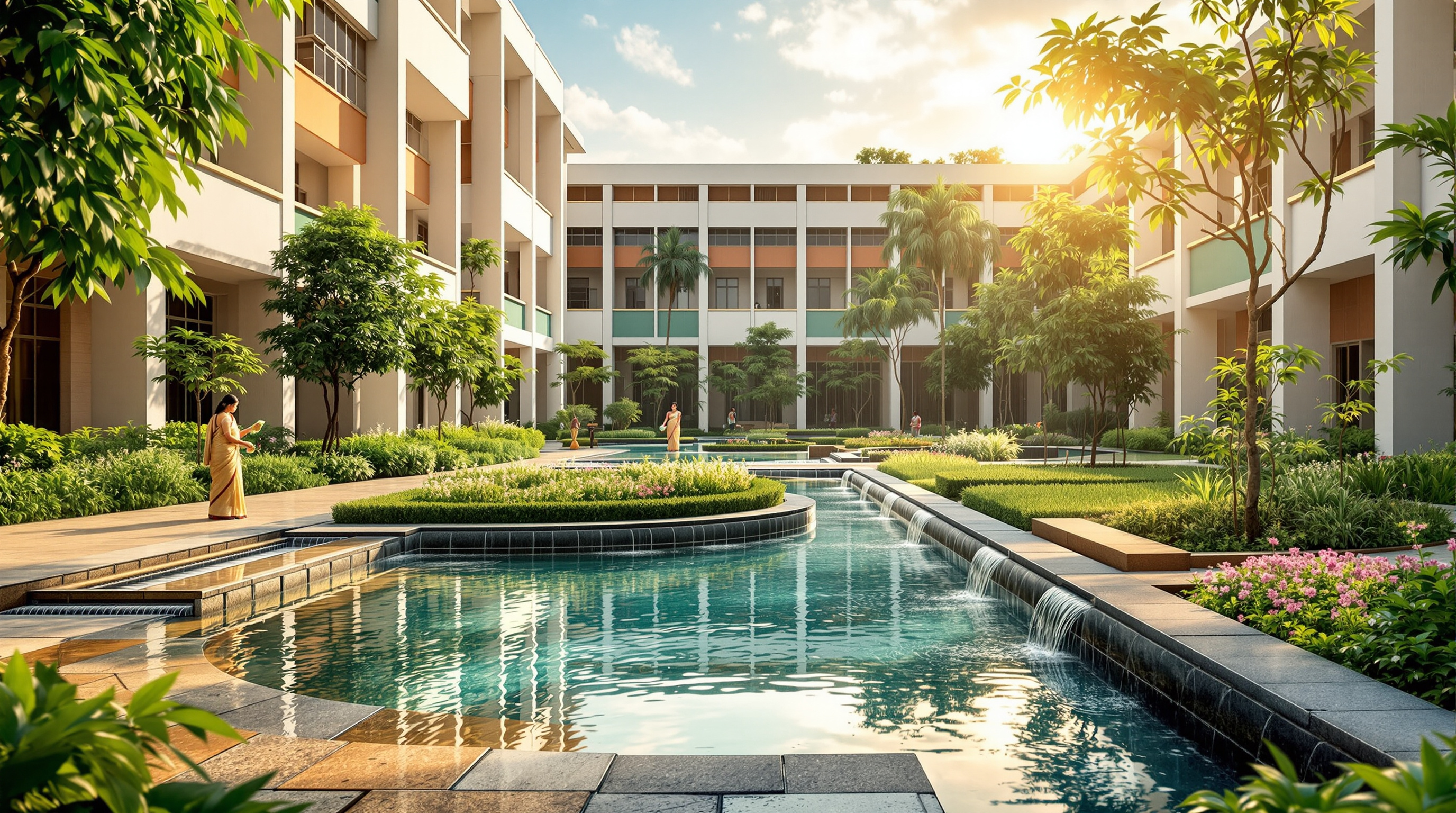 Landscaped campus recharge pond fed by rainwater and treated water, with drip-irrigated gardens