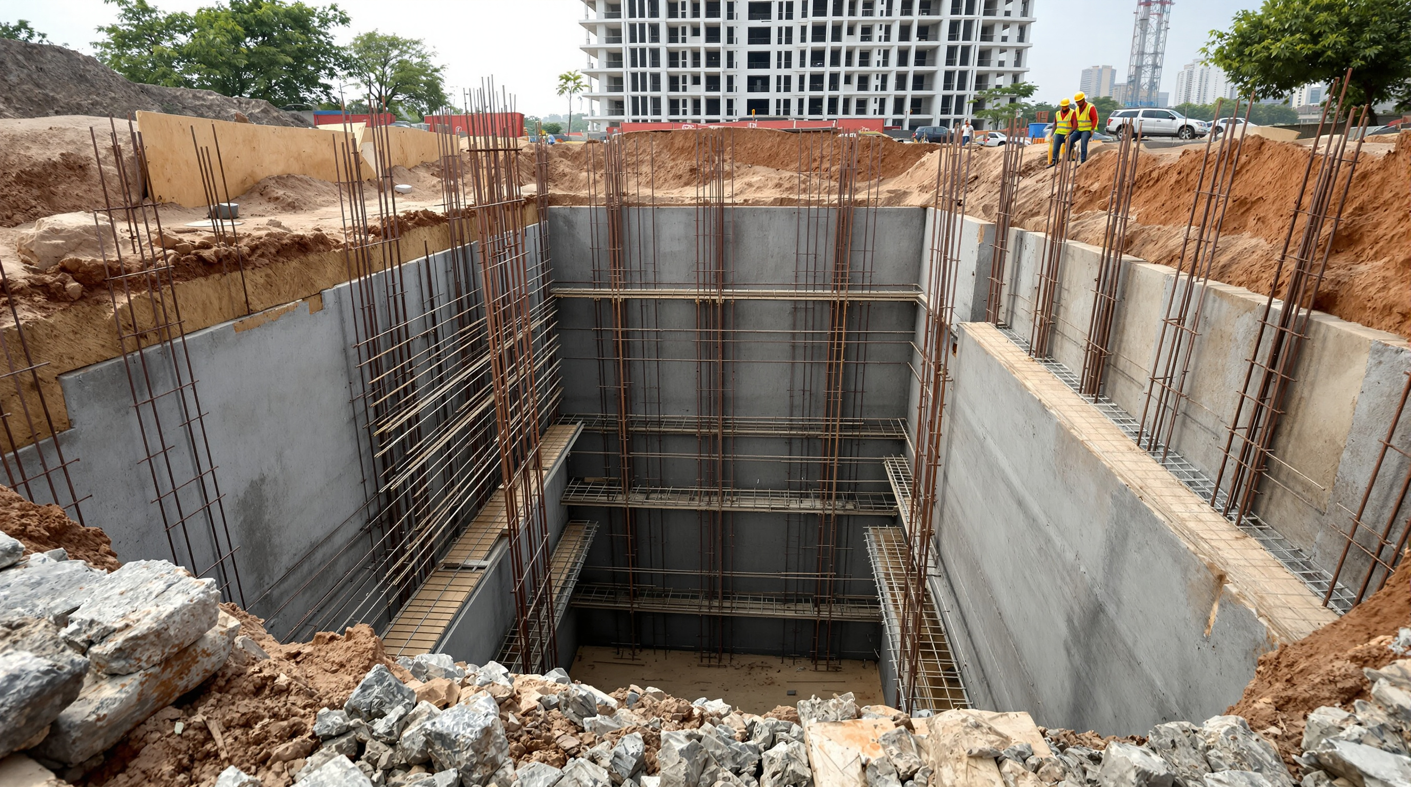 Deep excavated pit for an underground STP with steel reinforcement cages and freshly cast RCC tank walls dividing internal chambers, workers in hard hats on site