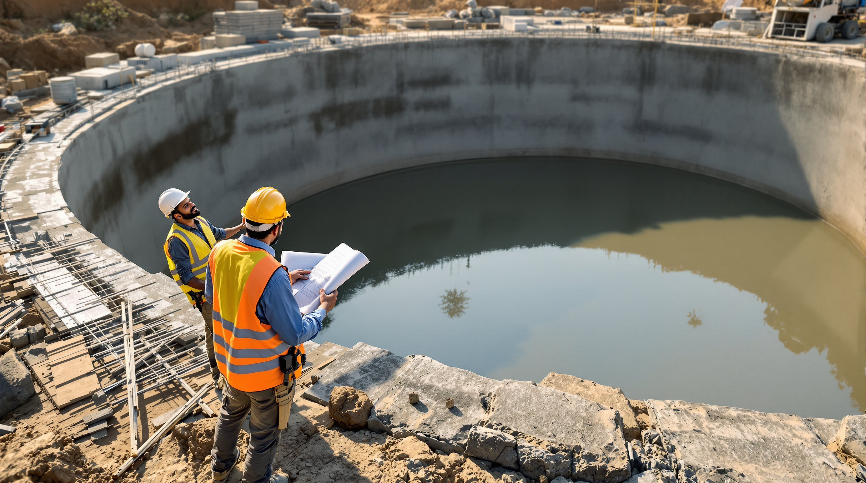 Indian civil engineer in hard hat reviewing construction drawings at the edge of a curing RCC tank being water-cured on site