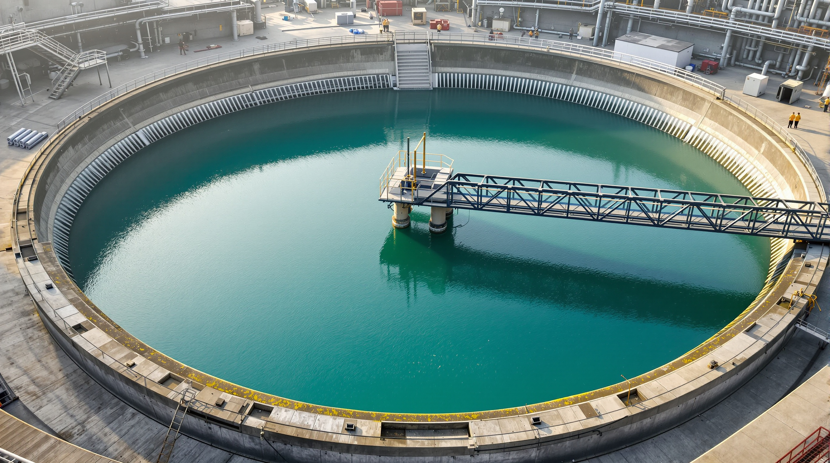 A large circular secondary clarifier tank at an Indian STP with calm, still water and a slow rotating scraper bridge across it