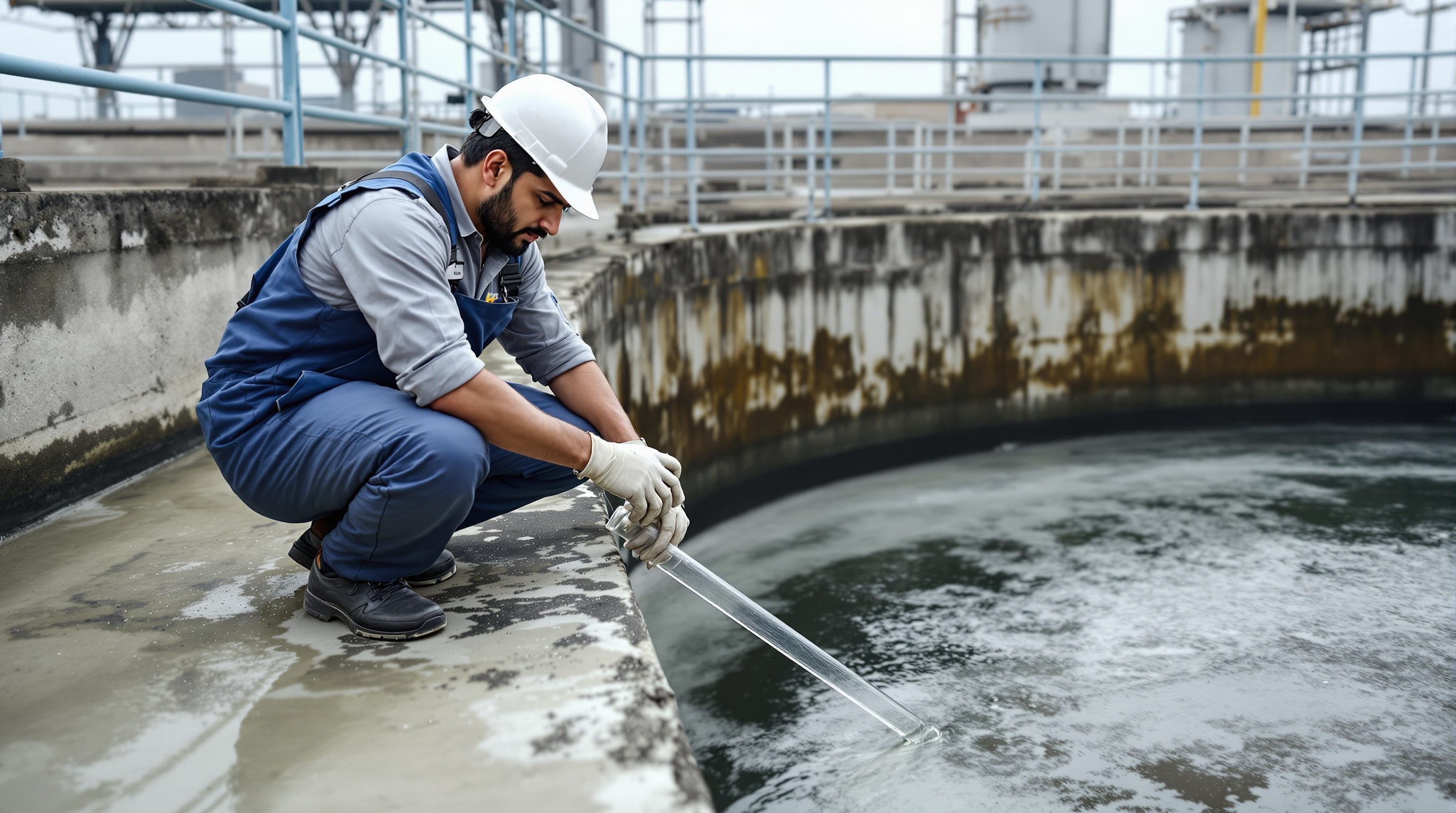 An Indian plant operator in overalls checking the sludge blanket depth at the edge of a clarifier tank