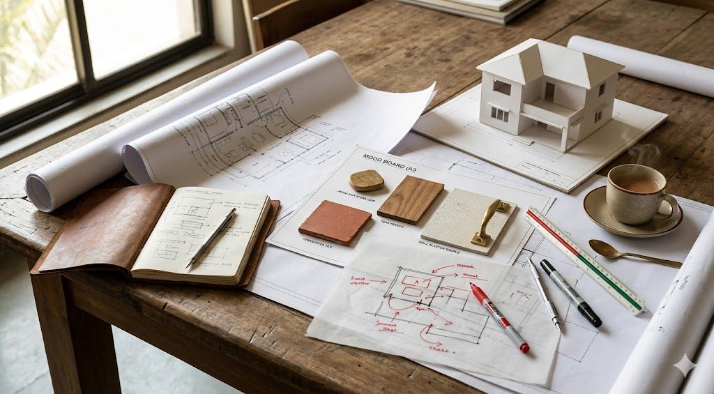 Documentary photograph of an architect's table during a client briefing session with rolled drawings, material samples, mood-board pages, and trace-paper sketches under natural light