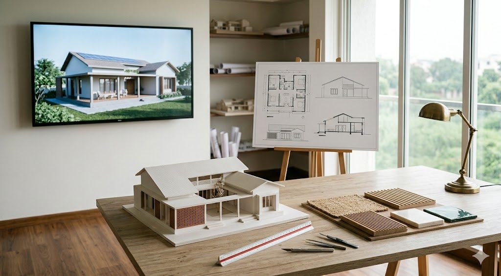 Documentary photograph of a concept-presentation studio with A1 boards pinned showing floor plans and elevations, a 3D render on the monitor, a material and mood board, and a scale ruler with physical study models