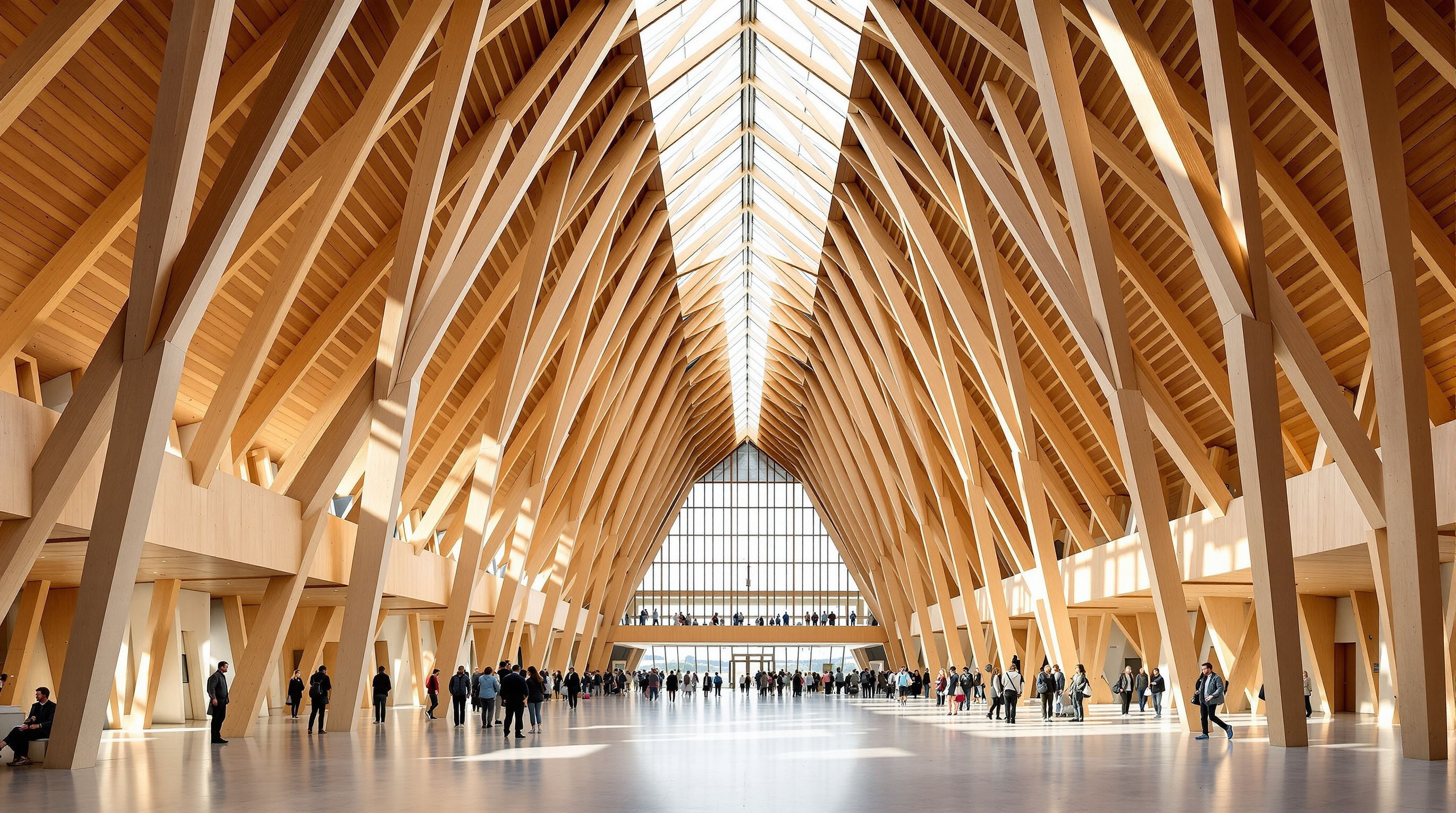 Interior of Čoarvemátta's central vestibule: a soaring space of pale exposed glulam timber columns and beams leaning inward like tent poles, warm light falling from an apex skylight onto a polished concrete floor, with people gathering below and the branching corridors leading off to theatre and school