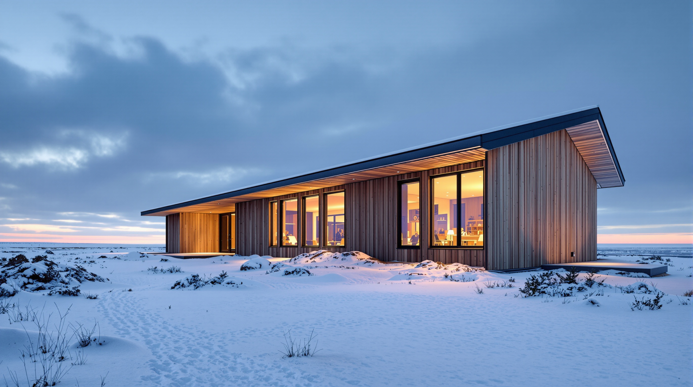 Exterior of Čoarvemátta at dusk in winter: a long low wing clad in warm pale pine boards, its dark timber roof sweeping down close to the snowy ground, large windows glowing amber from the theatre and classrooms within, the flat Finnmarksvidda plateau stretching empty to the horizon behind