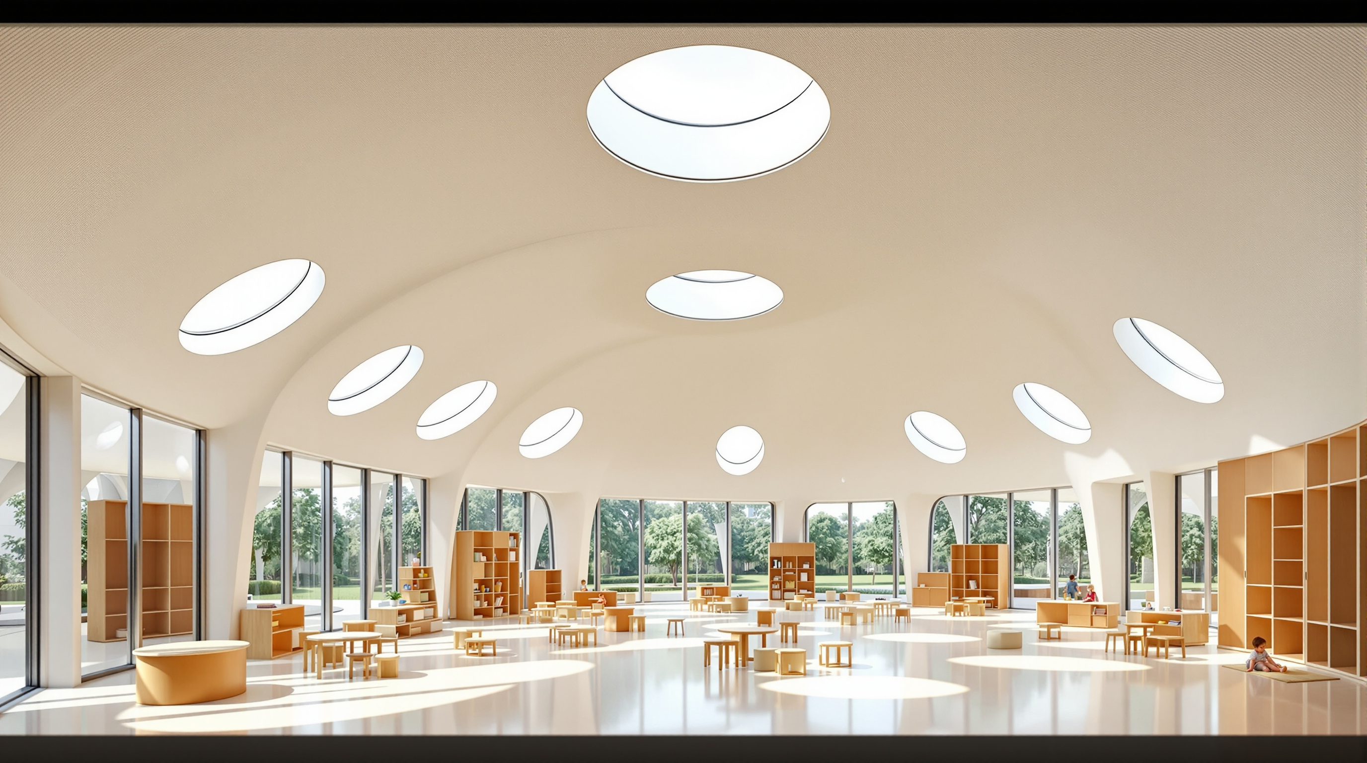 Interior of the Cocoon preschool: a single flowing column-free room with a curving exposed steel-tube ceiling, round skylights casting circles of daylight onto a pale floor, full-height glass walls opening to greenery, and low child-scale furniture arranged in loose clusters