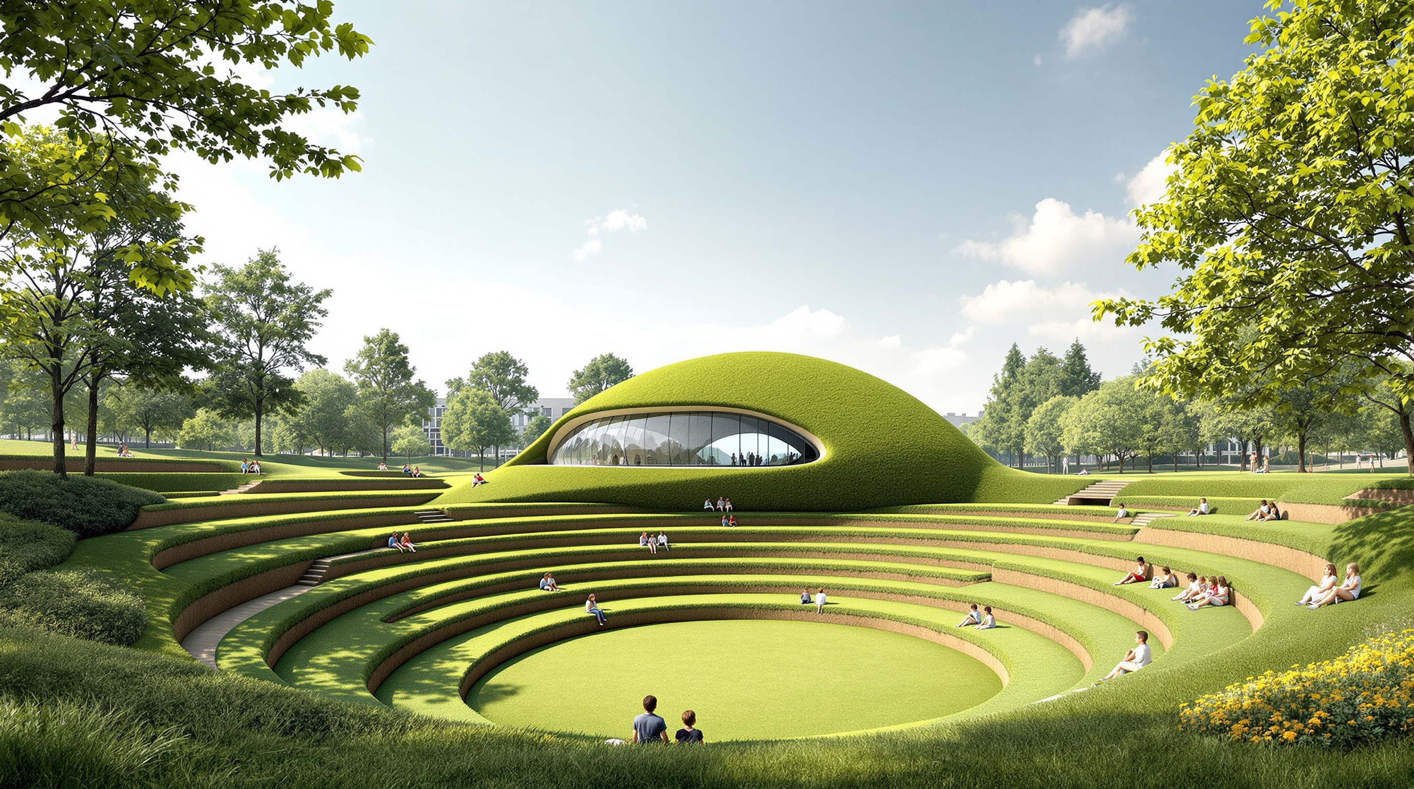 The sunken courtyard of the Cocoon: a grassy dished amphitheatre stepping down into the earth, young children seated on its slope facing the turf-roofed glass pavilion that rises from the far edge like a green hillock, trees framing the campus beyond