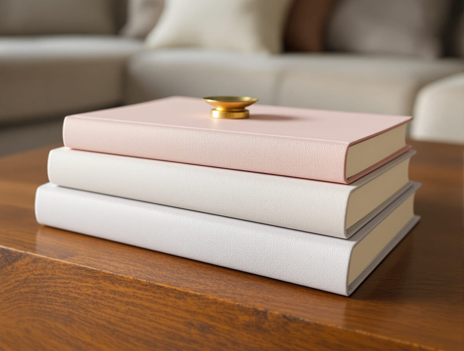 A stack of decorative books styled on a coffee table