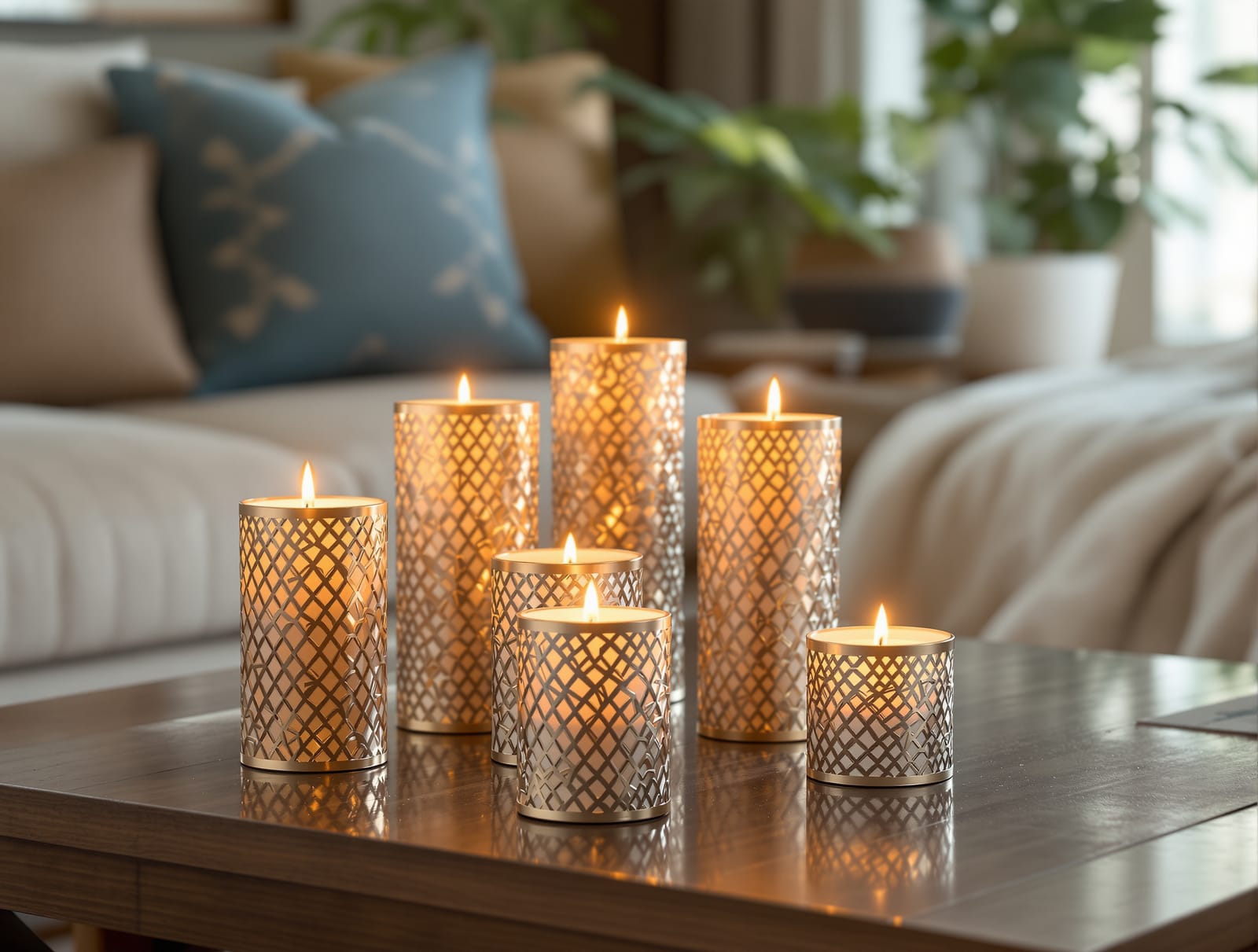 Decorative candles styled on a coffee table