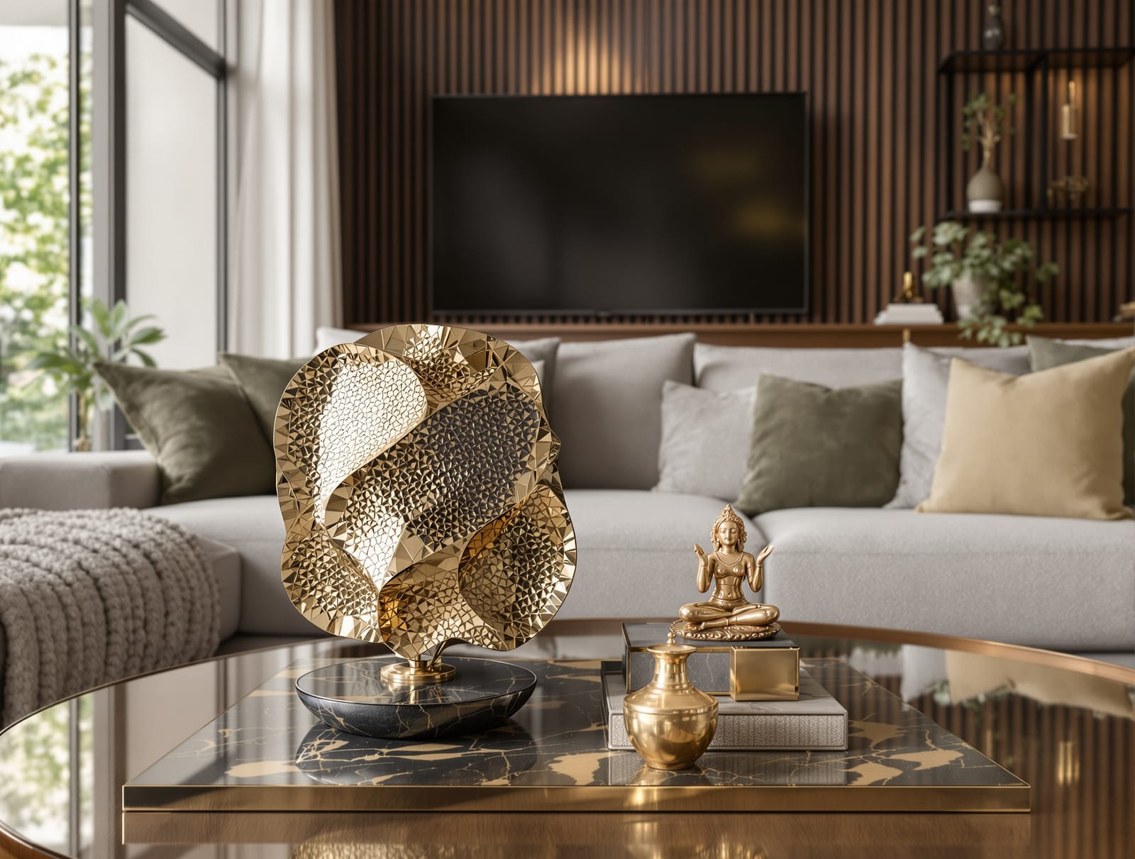 A decorative sculpture on a coffee table in an Indian living room