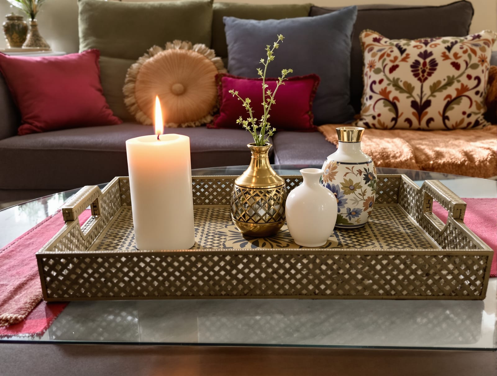A styled decorative tray on a coffee table