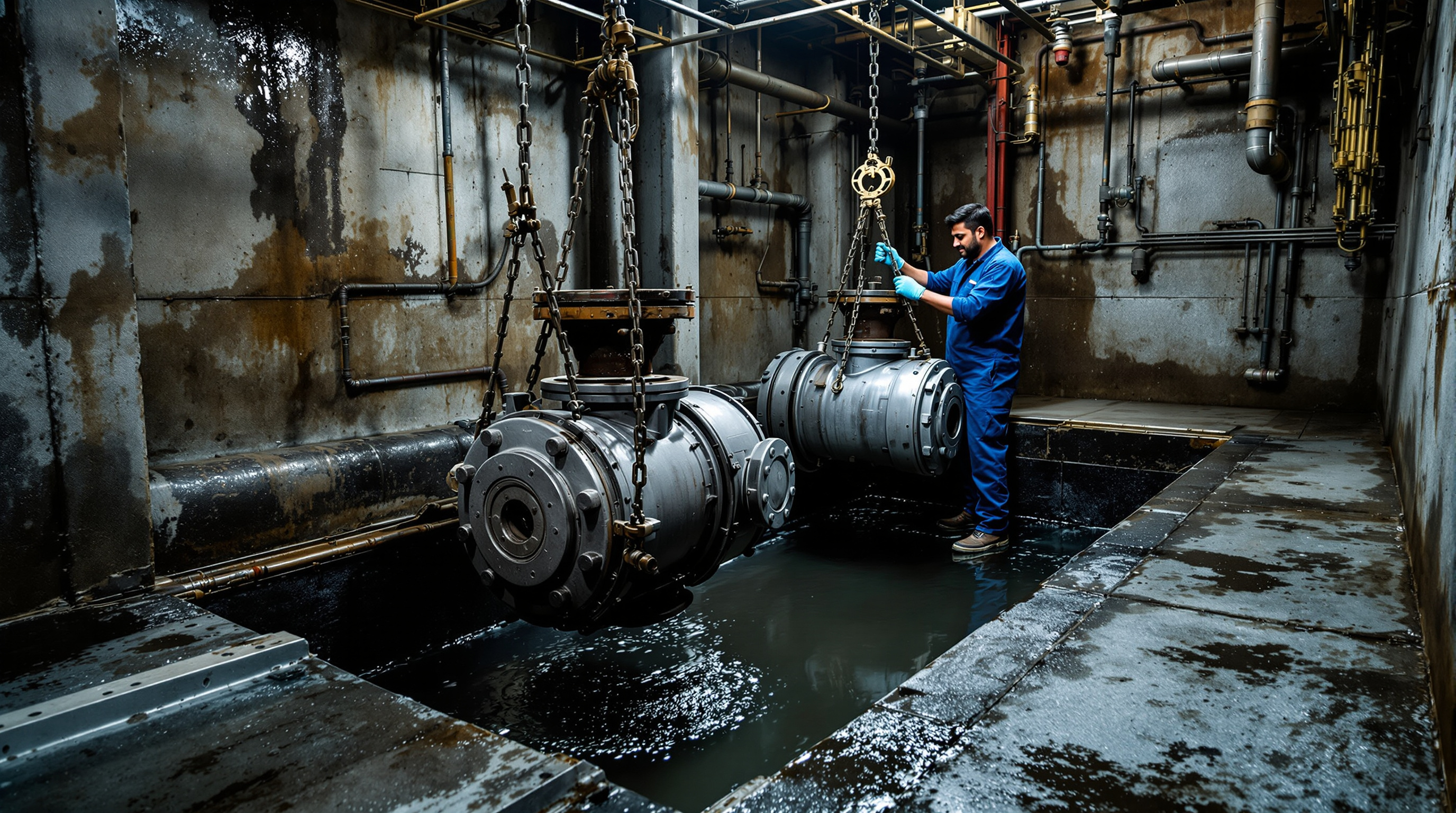 Two submersible sewage transfer pumps mounted on guide rails inside a concrete raw sewage sump, one lifted for inspection
