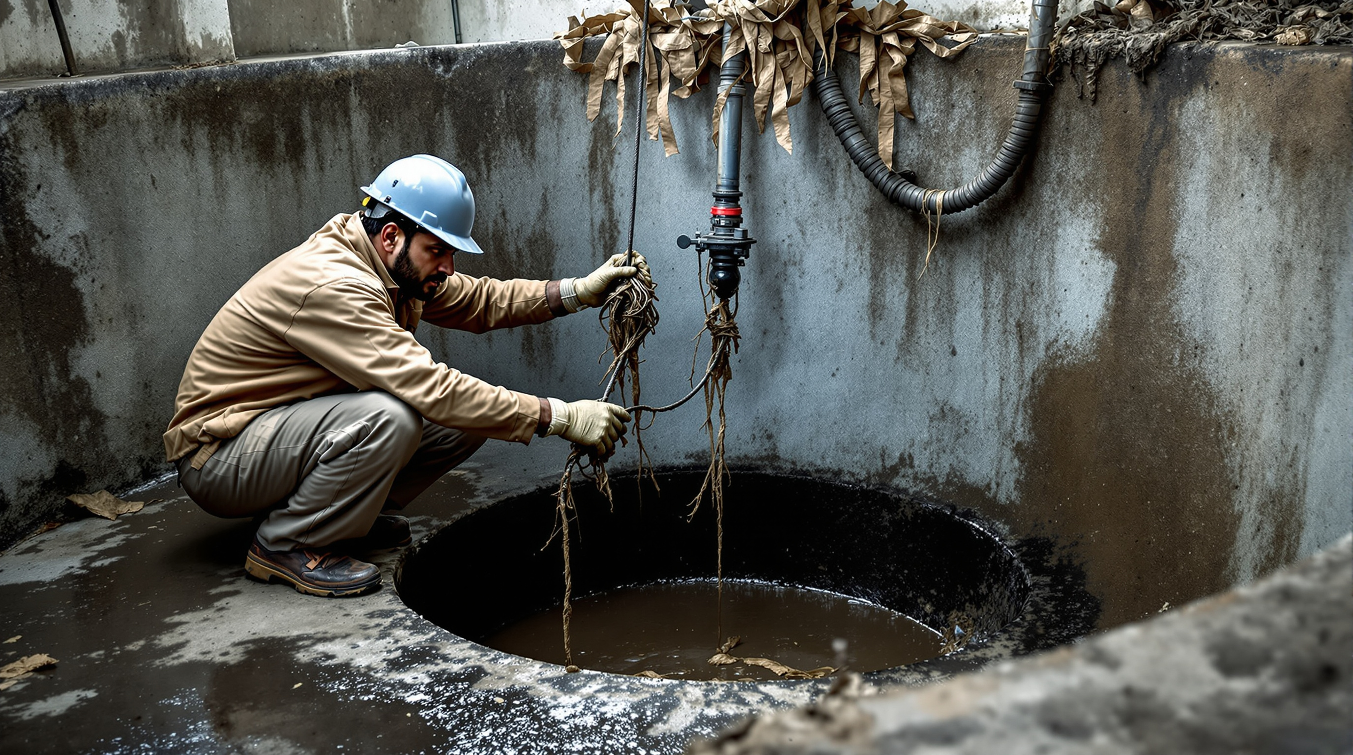Indian STP operator wiping grease and rag debris off a fouled float level switch pulled from a sewage sump