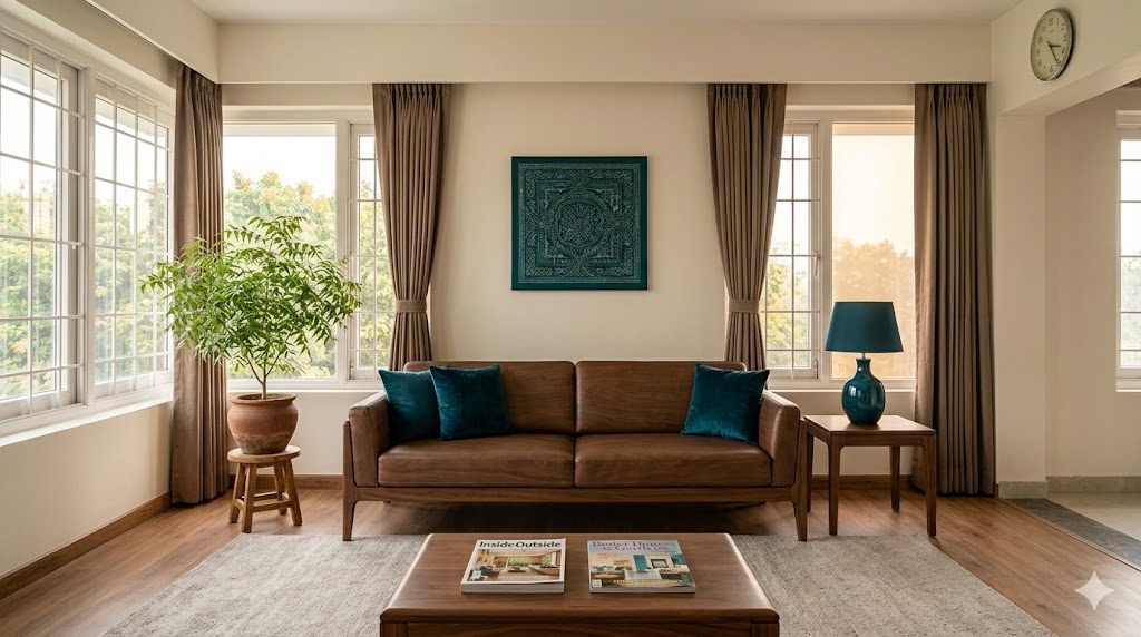 Finished modern Indian living room demonstrating the 60-30-10 + Neutral+Accent scheme in practice — warm soft white walls (60% dominant), walnut-toned sofa and matching curtains (30% secondary), and a tight cluster of terracotta accents (10%) across cushions, a single artwork, ceramic vase, and table-lamp shade. The simplest formula that still produces a sophisticated Indian interior — restrain the field, concentrate the accent