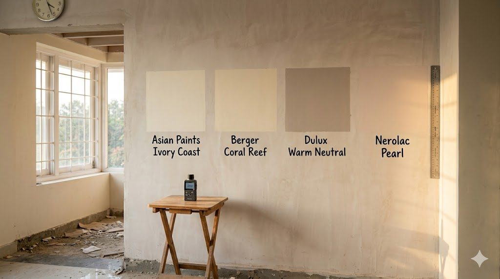 Four 2ft × 2ft paint test patches applied side-by-side at eye height on a freshly plastered Indian wall — slight tonal variants of warm white / cream / beige / taupe with hand-lettered labels (Asian Paints Ivory Coast, Berger Coral Reef, Dulux Warm Neutral, Nerolac Pearl), side-lit by late-afternoon window light with a daylight meter on a stool below. Never trust a phone-screen preview — test on the actual wall under the actual light