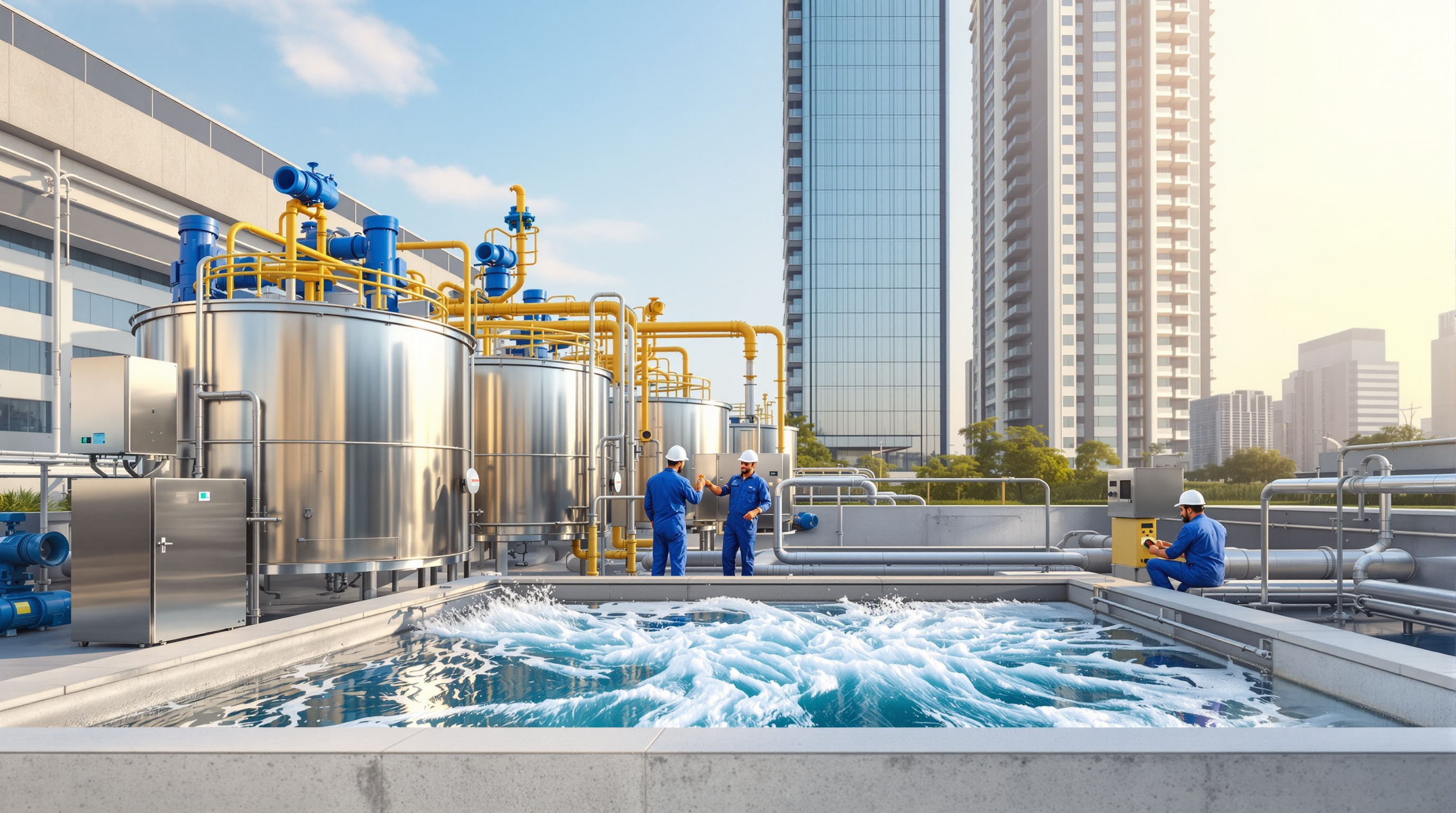 Compact commercial sewage treatment plant with steel aeration tanks and control panels beside a modern glass hotel and office tower in an Indian city