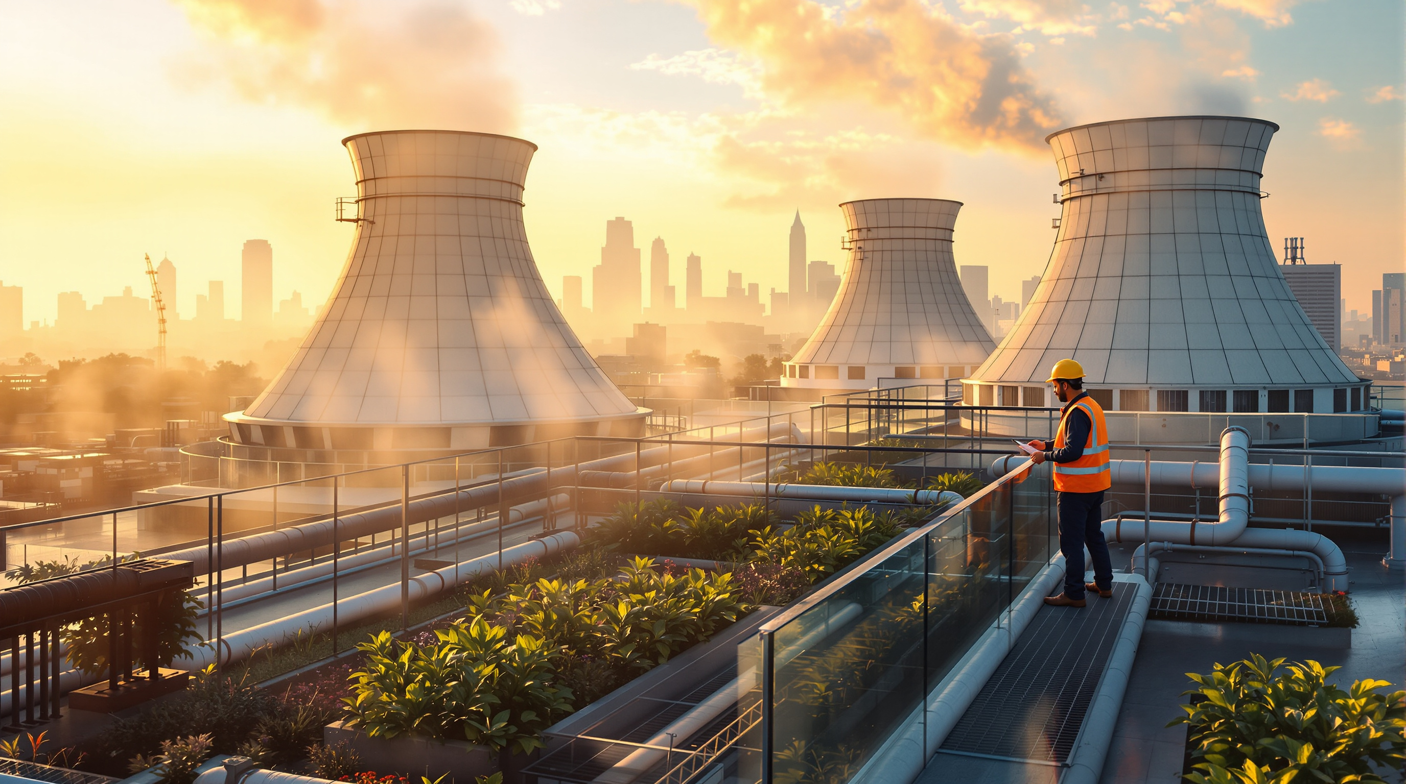 Rooftop cooling towers of a large Indian commercial building being fed treated recycled water, with lush landscaped podium garden below