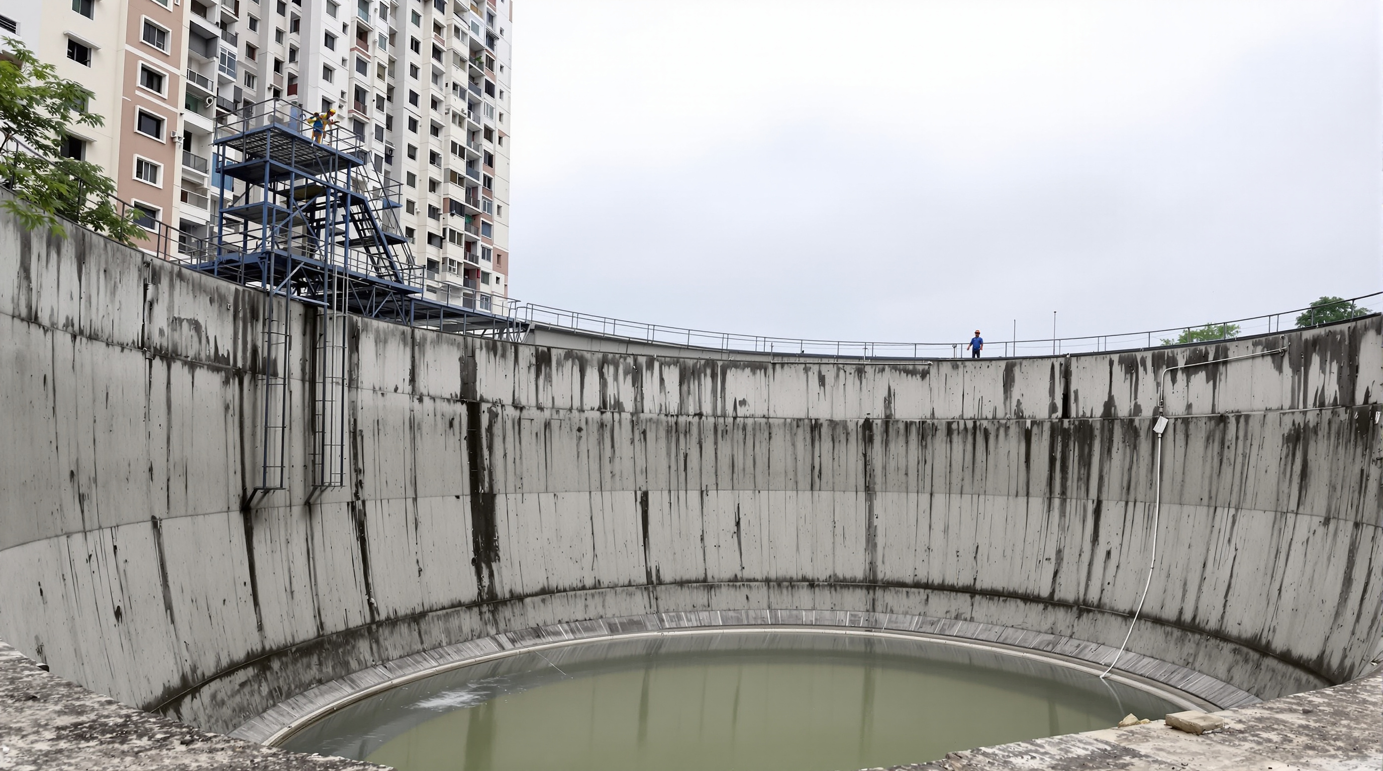 A large, mostly empty concrete sewage treatment tank beside a modest residential building, showing an oversized plant running on very little flow