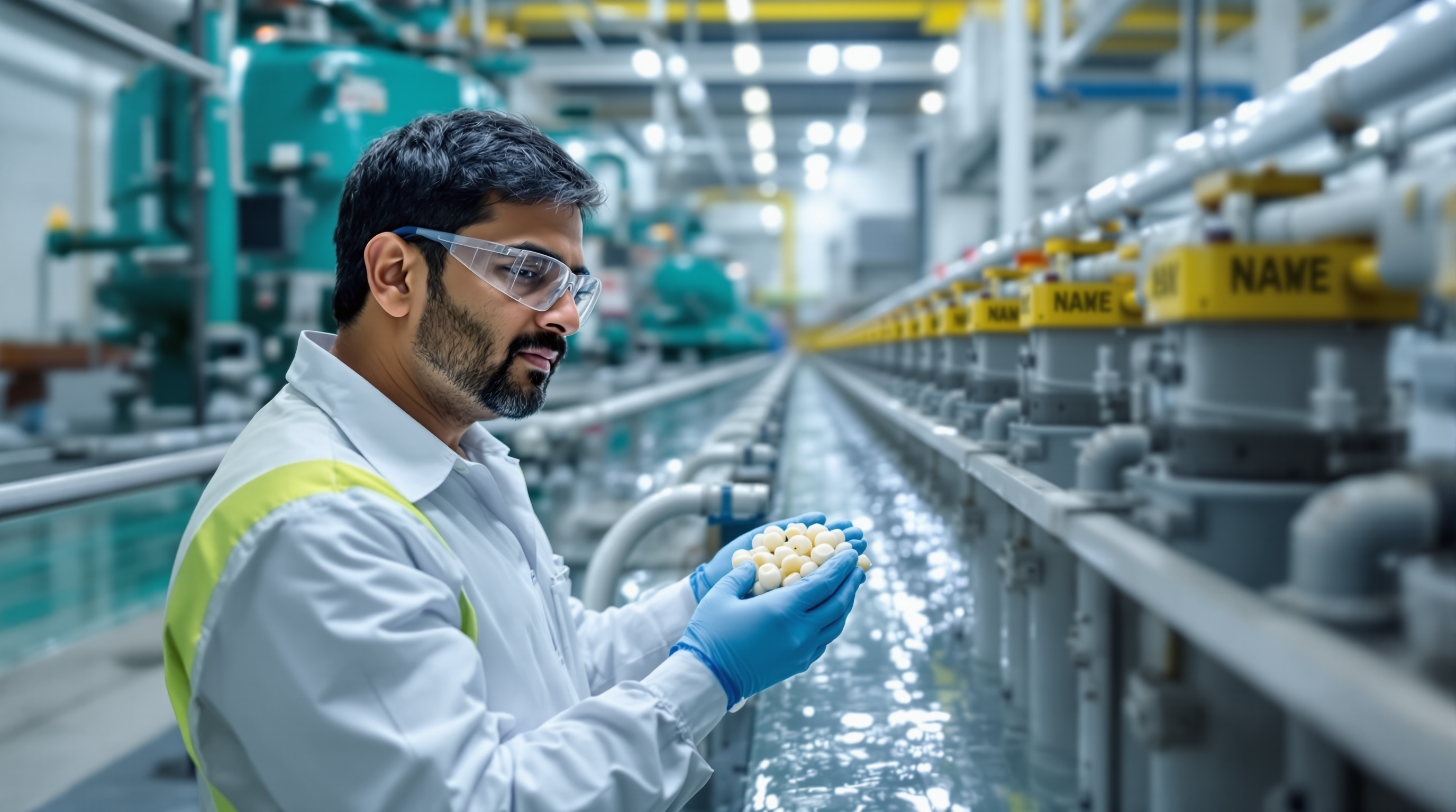 An Indian technician inspecting rows of plastic biofilm carrier media and membrane modules inside a sewage treatment plant, illustrating different treatment technologies