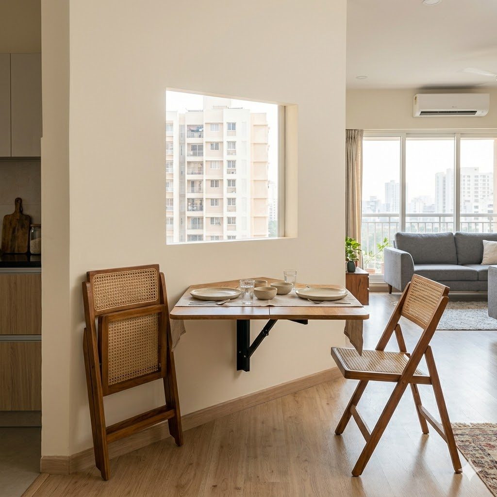 A wall-mounted drop-leaf dining table photographed half-folded — one half folded flat against the wall, the other extended and set for two with steel-and-ceramic tableware, a folding chair tucked flat against the wall