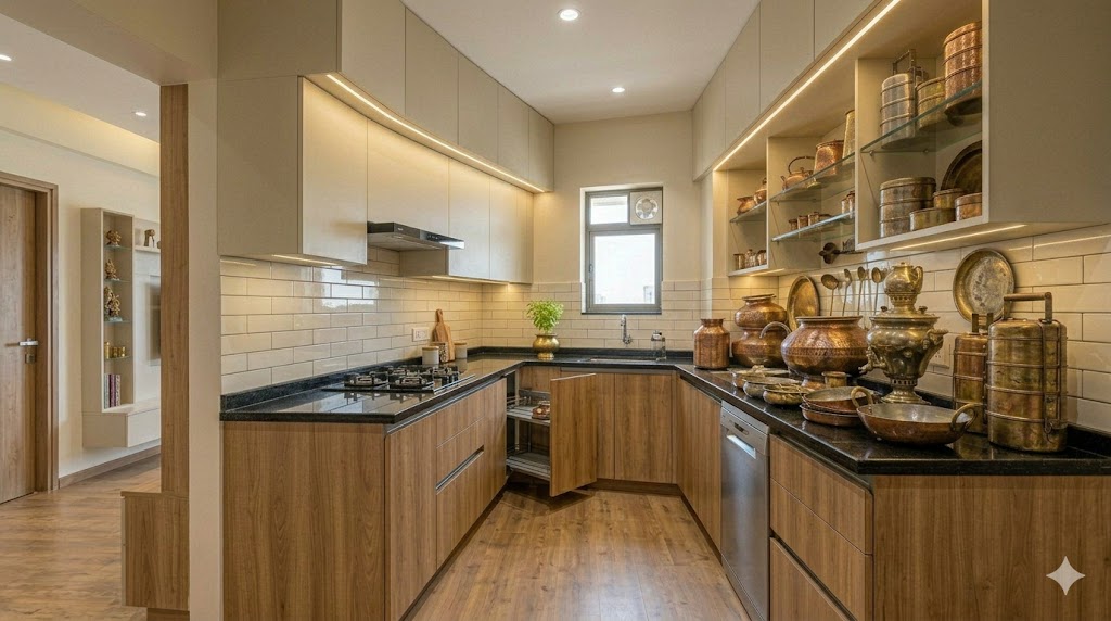 Compact L-shaped modular kitchen with hob on the short leg, sink on the long leg under a window, magic-corner pullout at the L junction, sand-beige upper laminate and dark walnut lower drawers