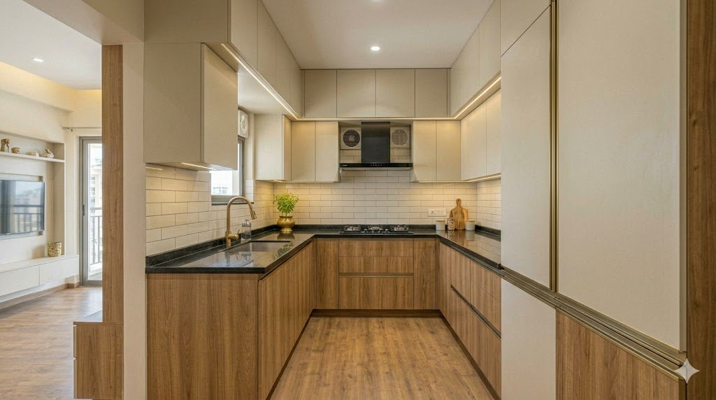 Small U-shaped modular kitchen with three runs wrapping an 8 by 8 foot footprint — hob on one run, sink on another, tall pantry storage on the third, granite counter throughout and brushed-brass handleless drawers