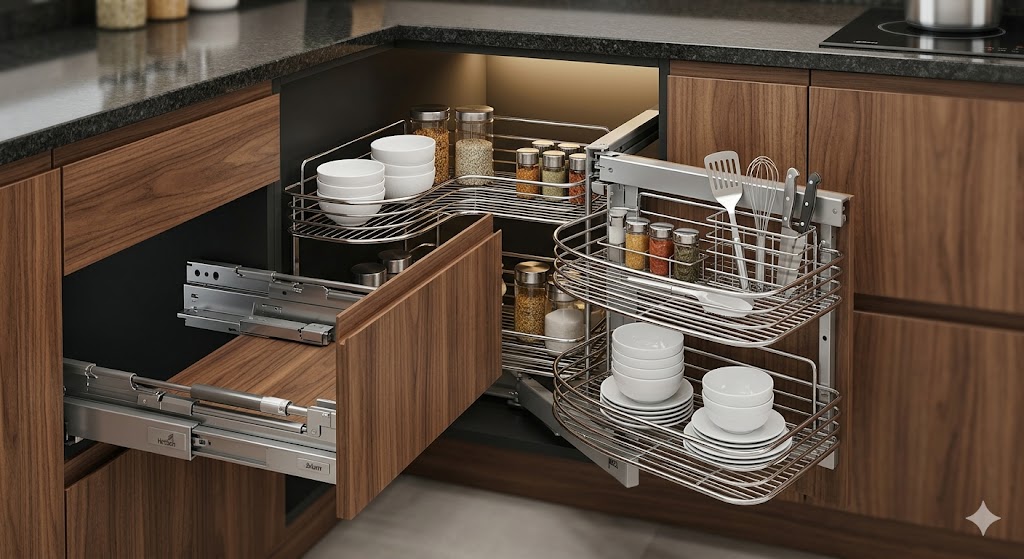 A Hettich- or Blum-style magic-corner pullout mechanism fully extended in a compact modular kitchen, showing curved swing-out wire baskets stocked with utensils and crockery
