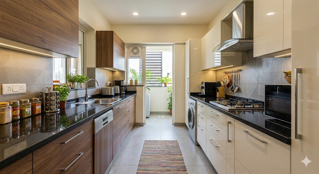 A compact parallel (galley) kitchen in an Indian flat with two parallel runs of cabinets facing each other across a 1.2m walking gap, off-white upper units, walnut lower drawers, granite countertops, hob and chimney on one side and sink with dishwasher on the other