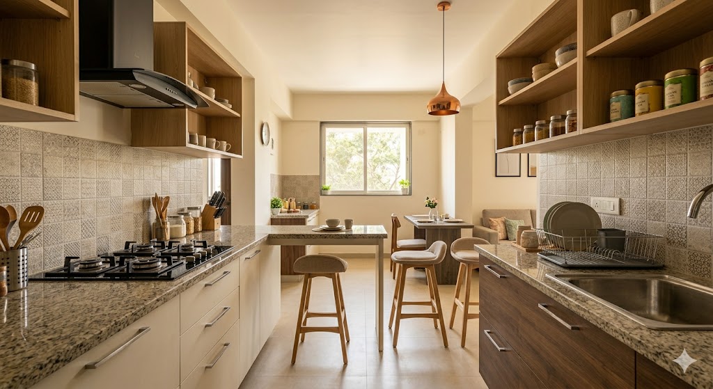 A compact open-plan kitchen with a small peninsula counter extending 1.2m into the dining area, two bar stools tucked underneath, lower units in light oak veneer, upper open shelves with curated crockery, granite counter and a single warm pendant above the peninsula