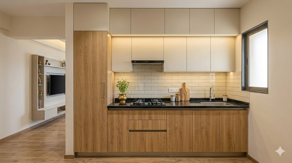 A 7-foot single-wall modular kitchen in a 1-BHK Indian apartment with off-white upper cabinets, light oak lower drawers, granite counter, and a tall pantry pullout at one end