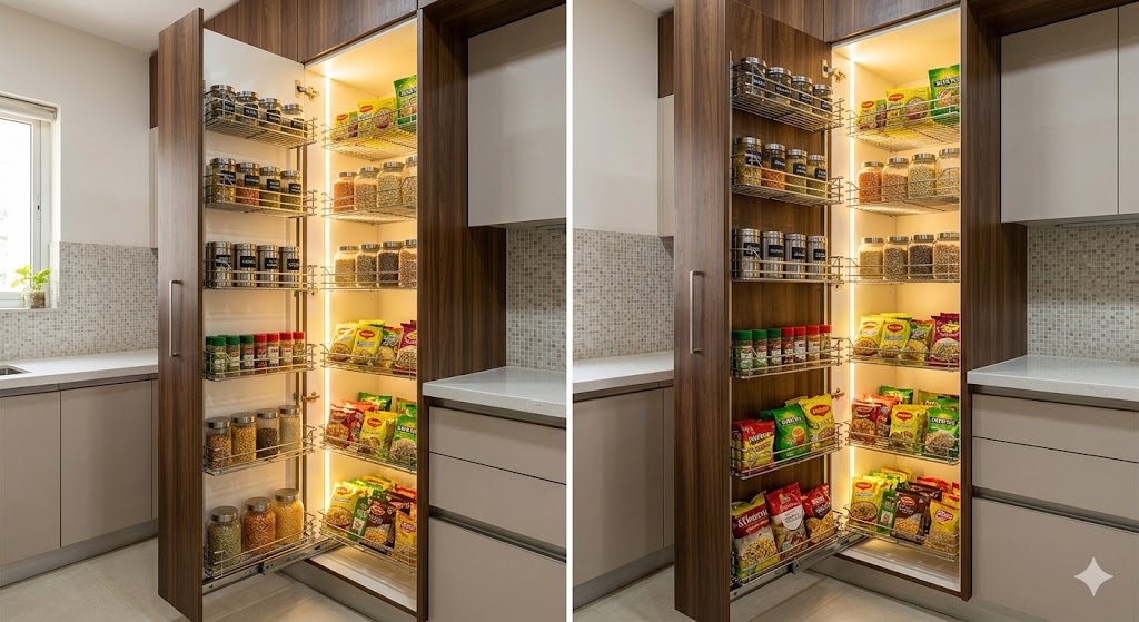 A tall full-height pantry pullout cabinet fully extended in a compact Indian modular kitchen, showing wire baskets at multiple heights stocked with masala dabbas, jars and packaged groceries