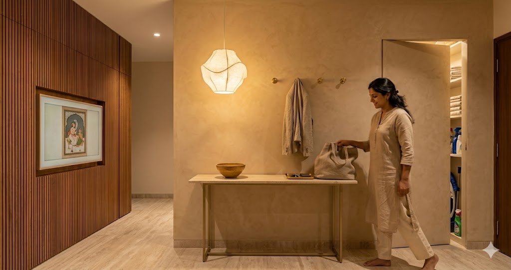 A wide-angle interior photograph of a compact luxury entry foyer in a Koramangala Bengaluru apartment late evening light golden warm a single travertine slab console 90 cm wide on a slim powder-coated steel base holding one hand-thrown Khurja stoneware bowl in ochre glaze and a small brass tray with apartment keys a lime plaster accent wall behind in soft tan with a horizontal row of three brushed brass coat hooks at 165 cm height holding a single linen jacket a Klove sculptural washi paper pendant lamp hanging at 2700K casting a soft warm glow a continuous travertine slab floor a jib-door flush with the lime plaster on the right opening just enough to suggest the concealed utility cupboard behind an Indian woman in her early thirties wearing a relaxed beige cotton kurta dropping her bag onto a brass tray with a quiet smile the warmth and stillness of evening light catching the texture of the hand-troweled lime plaster magazine-quality interior photograph compact luxury sensibility quiet first-impression atmosphere