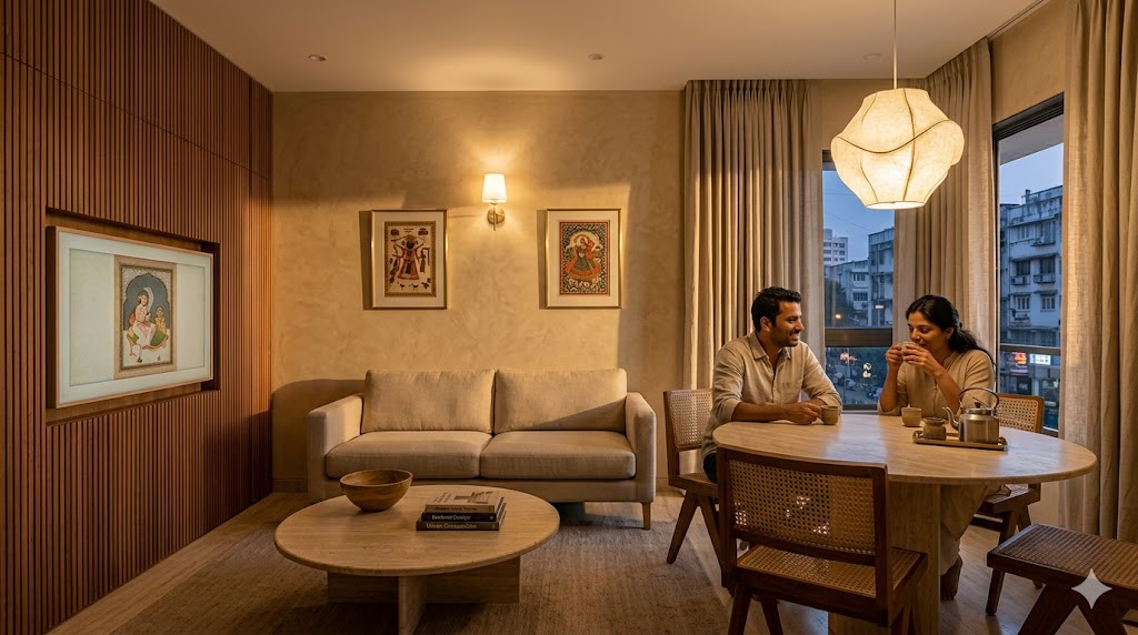 A wide-angle photograph of a compact luxury combined living-dining in a Bandra Mumbai 900 sft 2 BHK apartment golden hour evening light a Phantom Hands Belgian linen 2.5-seater sofa in oat sitting at 40 cm seat height anchored by an 8 by 10 hand-knotted Jaipur Rugs wool dhurrie in soft taupe a travertine round coffee table 90 cm wide holding a single hand-thrown Auroville ceramic vessel and a stack of three architecture books a hand-troweled Bauwerk lime plaster accent wall behind the sofa in soft tan with two original Dastkar commissioned Indian art pieces in brass frames flanking a brushed brass wall sconce in the foreground a 120 cm travertine round dining table with three Phantom Hands Wegner cane reissue chairs and a sculptural Klove pendant lamp hanging 600 mm above at 2700K a continuous fluted teak joinery wall on the left running floor to ceiling housing a recessed Samsung Frame TV in art mode an Indian couple in their early thirties seated at the dining sharing chai late evening the warmth of light catching the irregularity of the lime plaster and the grain of the fluted teak Belgian linen drapes hung floor to ceiling on a recessed track magazine-quality interior photograph compact luxury sensibility quiet evening atmosphere