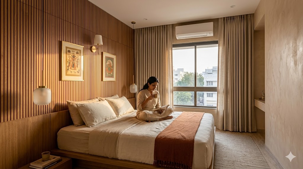 A wide-angle photograph of a compact luxury master bedroom in an Indiranagar Bengaluru 2 BHK apartment soft morning light a low 38 cm platform bed with a floor-to-ceiling fluted oak headboard wall behind shadow-gap detail at the floor layered Belgian linen bedding in cream and sand with a single rust-coloured Kutch throw at the foot of the bed two suspended brushed brass and frosted glass pendant lamps hanging from the ceiling at sleeping-eye height in place of bedside tables a microcement vanity wall on the opposite side in soft clay tone continuous from floor to ceiling a 6x9 hand-knotted wool dhurrie in oat and taupe under the bed engineered oak wide-plank flooring two brushed brass wall sconces flanking the bed for reading a fluted oak push-to-open wardrobe run on the third wall floor to ceiling no visible handles ceiling-height Belgian linen drapes in oat hung on a recessed track an Indian woman in her late twenties seated cross-legged on the bed with a book and a cup of morning coffee the gentle warmth of light catching the vertical grain of the fluted oak and the matte hand-trowel of the microcement magazine-quality interior photograph compact luxury sensibility quiet rest atmosphere