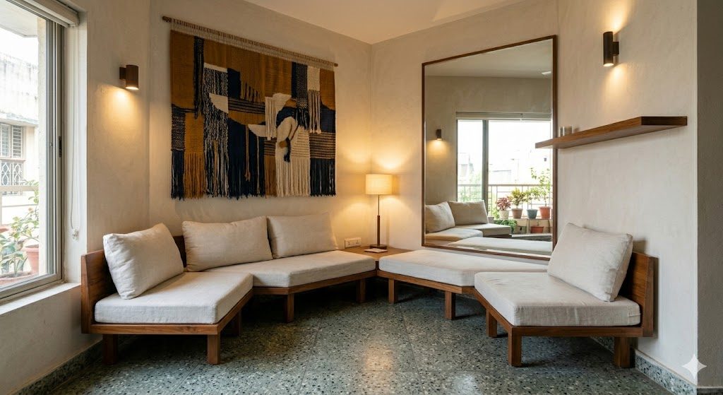 Inline documentary photograph of a small Indian living space that reads as luxurious despite its size — restrained two-material palette, low-slung seating, a single large artwork as the statement, clear surfaces, layered warm lamps and a large mirror reflecting daylight from a balcony