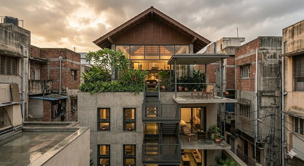 Compact urban Indian home terrace view showing how a small plot extends into vertical and outdoor use — a roof terrace with a planted edge, a slim cantilever, neighbouring buildings within touching distance, late-afternoon urban light, and monsoon clouds gathering above