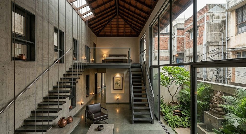 Narrow urban Indian residence interior with a multi-level open volume, mezzanine bedroom above the living, a slender steel staircase, full-height glazing onto a tiny private courtyard, and dense Bengaluru or Mumbai context visible beyond — illustrating the vertical organisation strategies that make a small plot work