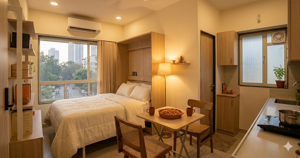 Real-world photograph of a Bandra 1BHK living room set up for both daytime work and evening chai entertaining, with foldable dining table, wall-mounted bookshelf, and a cat perched on a wardrobe ledge