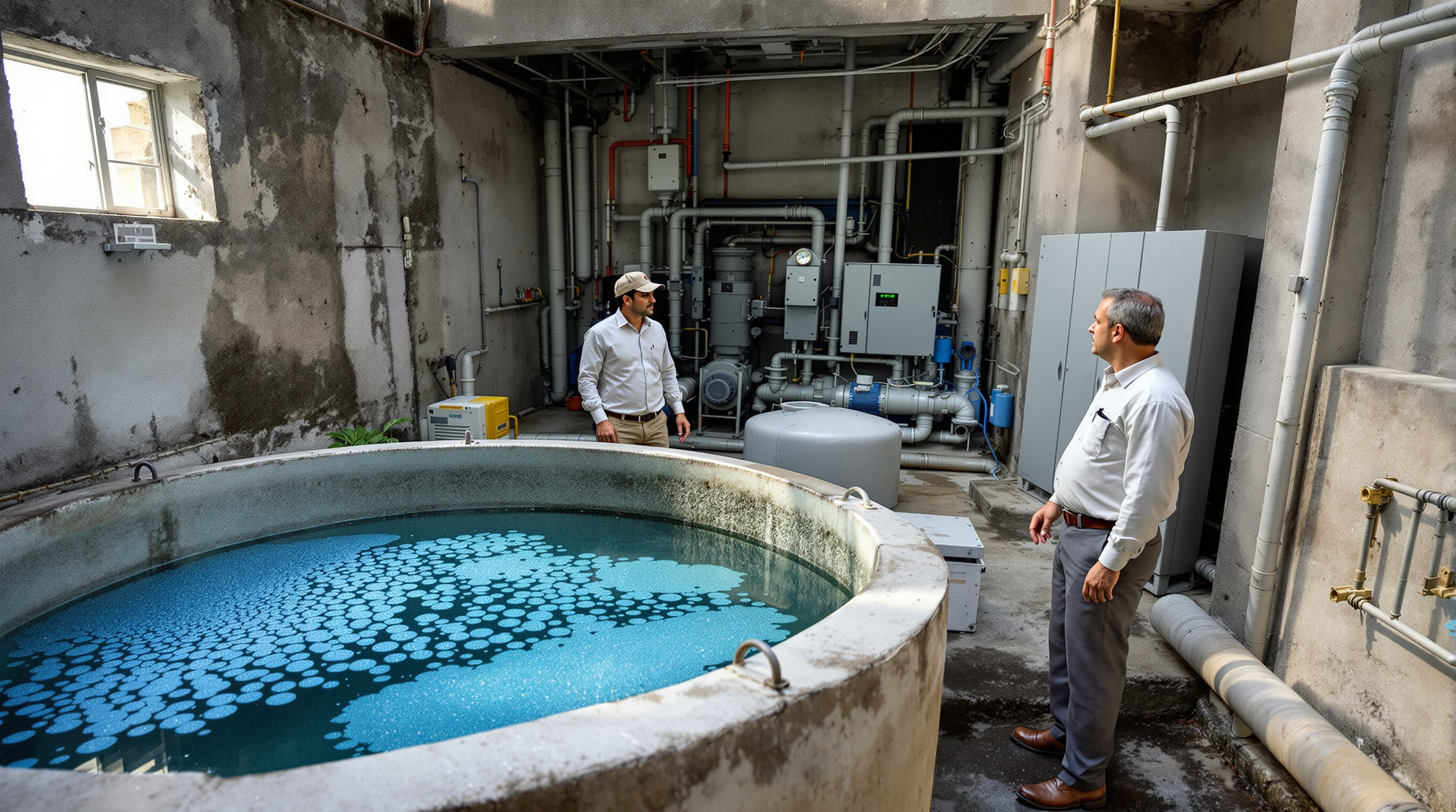 An Indian consultant and a facility manager inspecting an operating sewage treatment plant at an apartment complex