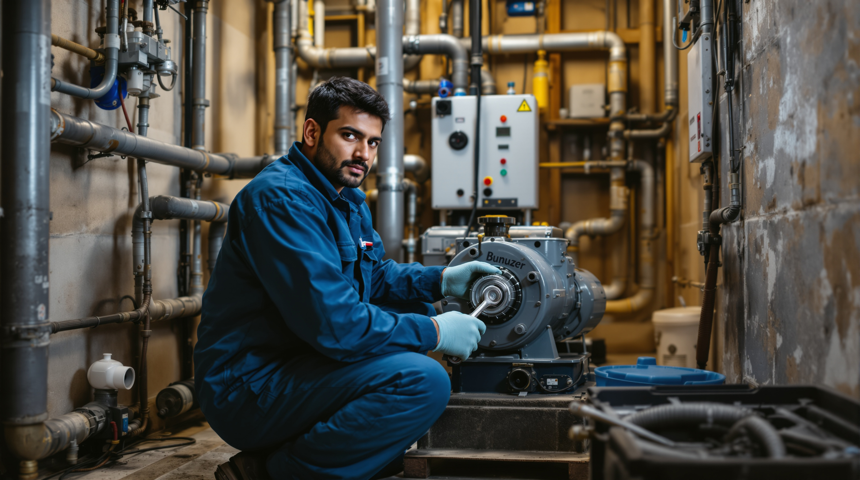 An Indian maintenance technician servicing a blower and pump on a sewage treatment plant during a routine AMC visit