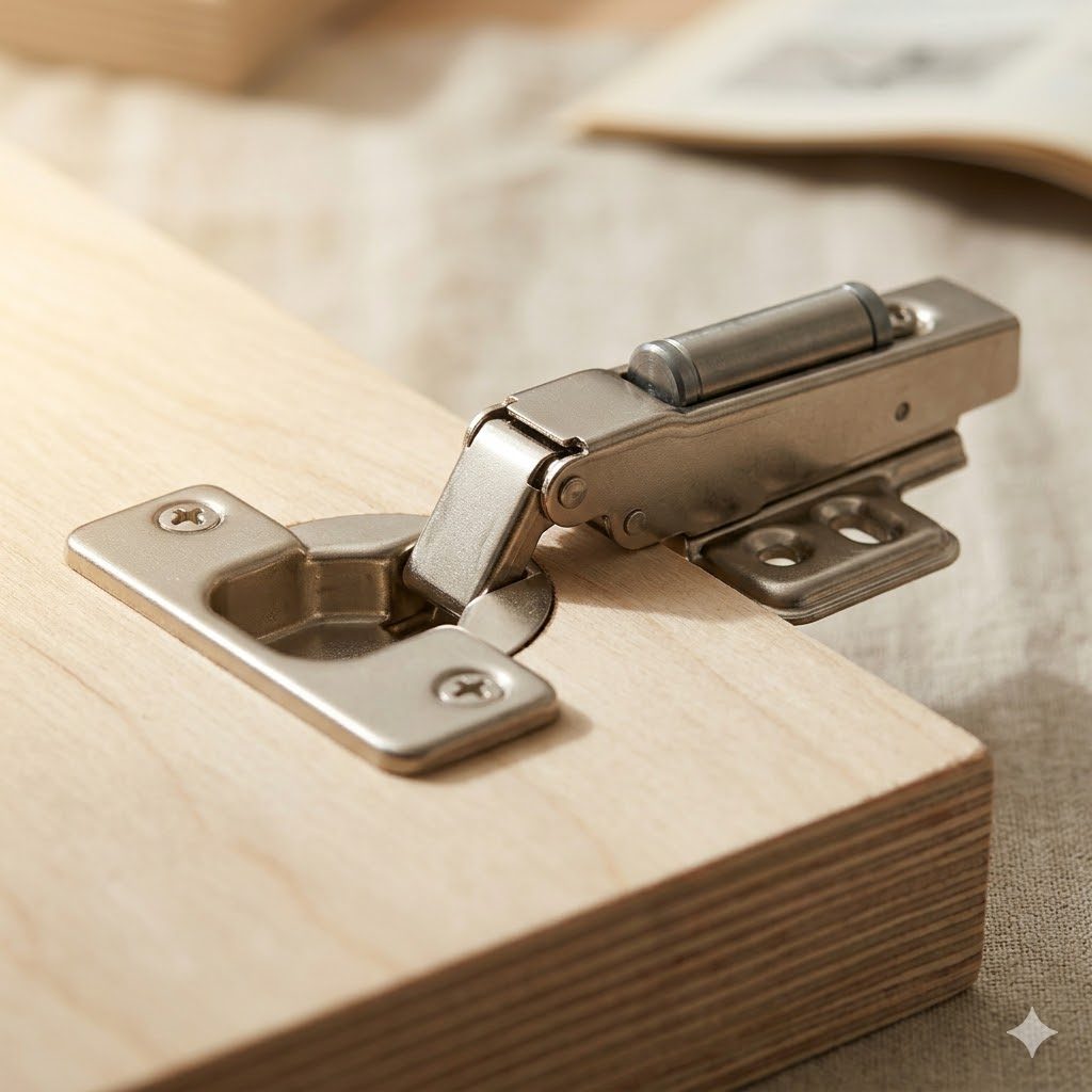 A macro of a single premium concealed hinge installed in a freshly drilled 35 mm cup on 18 mm BWP plywood, half open at about 45 degrees, the soft-close cylinder visible on the arm under warm side light from the left
