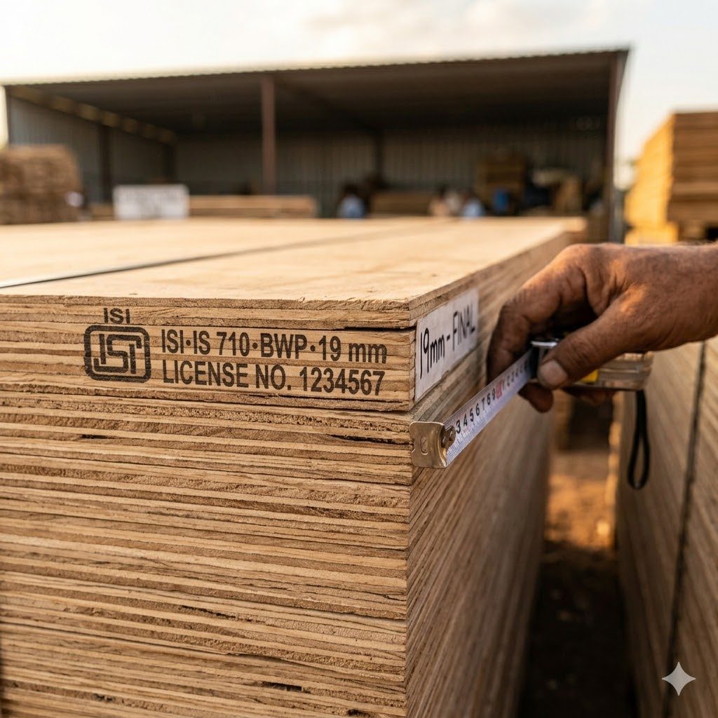 A close-up macro of the BIS / ISI mark stamped on the edge of a 19 mm BWP plywood sheet — the layered cross-grain plies visible, the licence number and IS code clearly legible