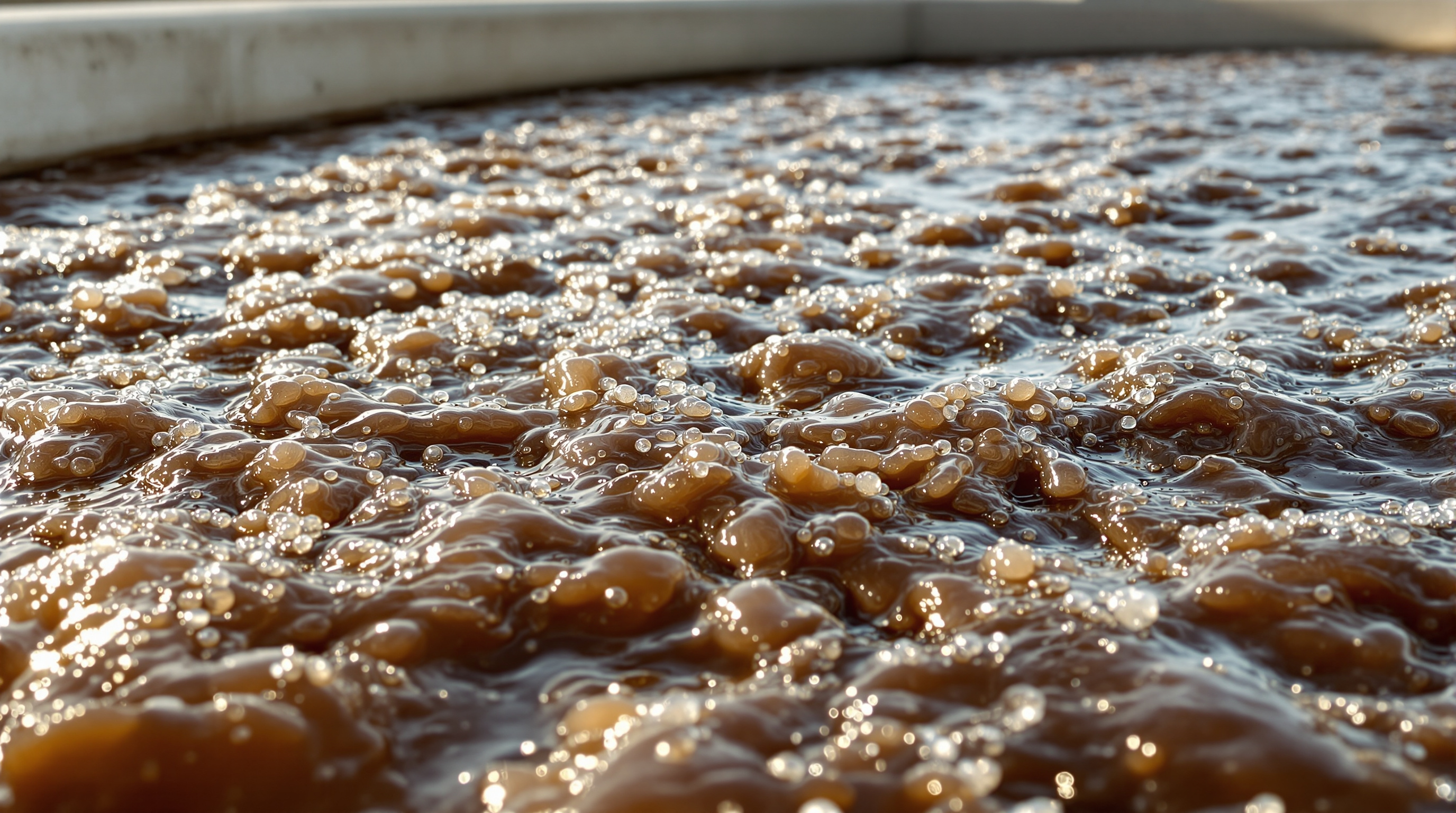 Close-up of frothing brown water churning in the aeration tank of a sewage treatment plant as fine bubbles rise to the surface