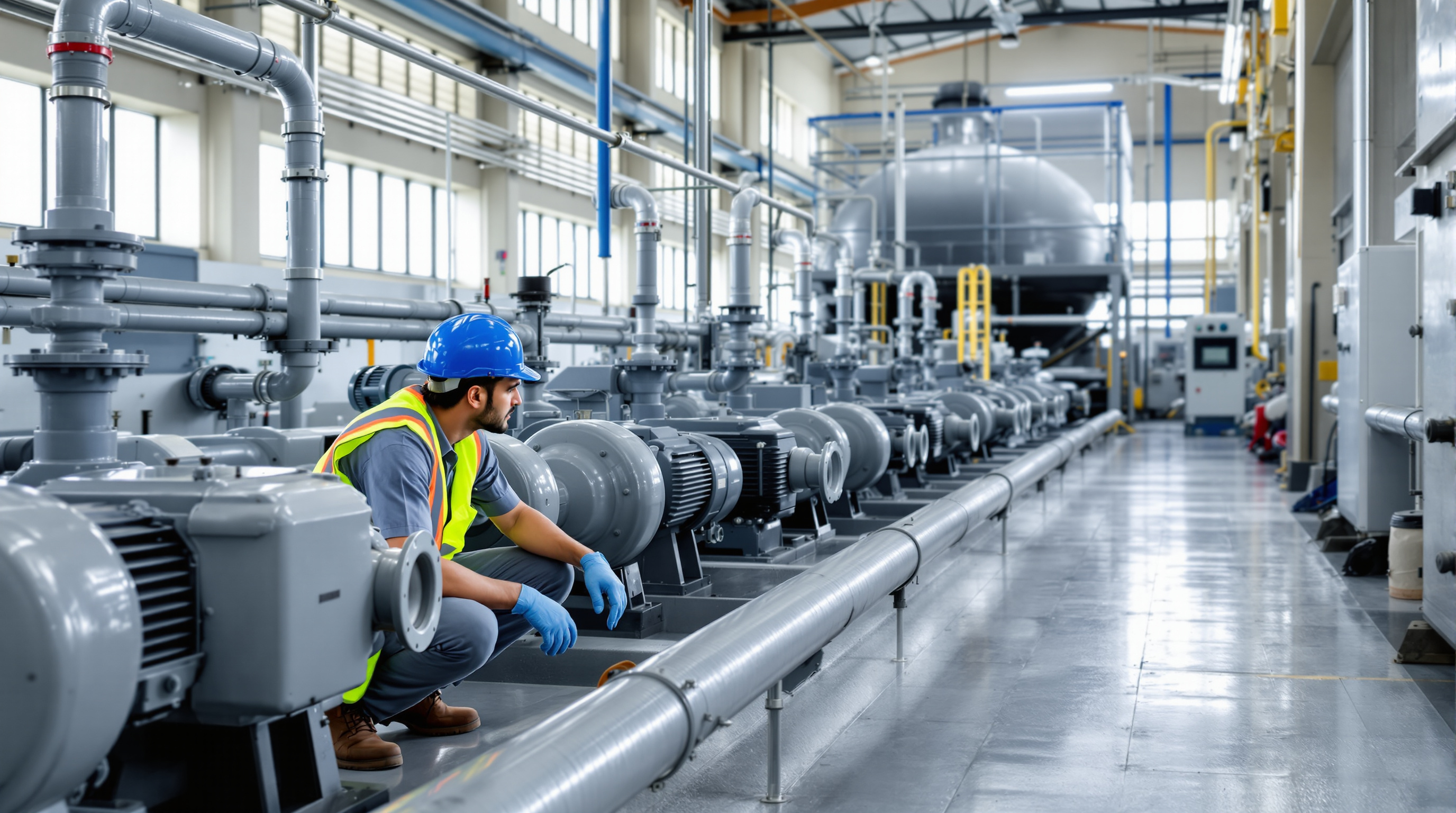 An Indian plant operator in a hard hat inspecting rows of pumps, blowers and pipework in the equipment room of a sewage treatment plant