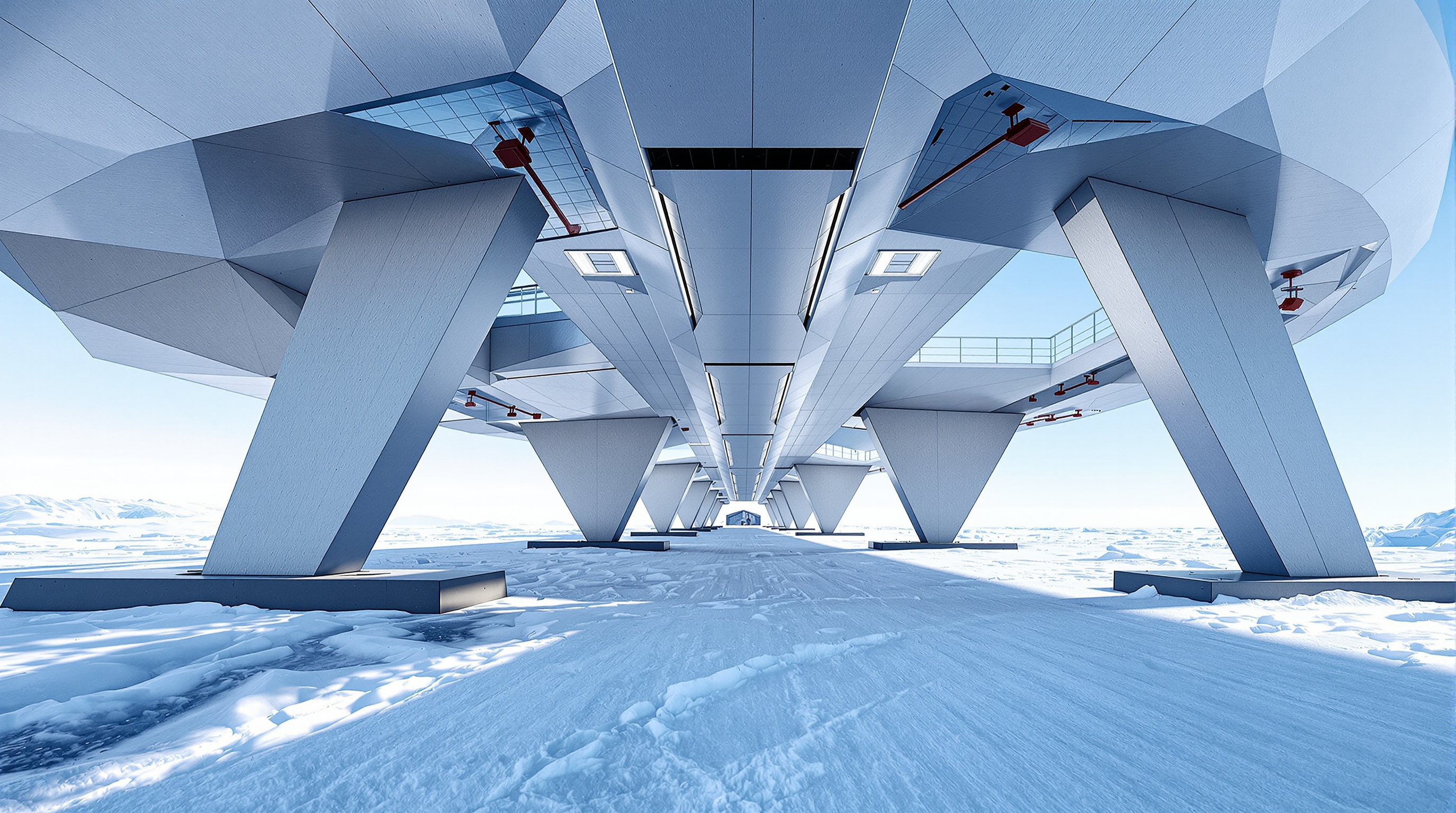 The elevated enclosed walkway linking Concordia's two polygonal towers, seen from below: angled steel legs planted on broad footing pads in the snow, the pale faceted underbelly of a tower above, long blue shadows raking across a wind-carved plateau