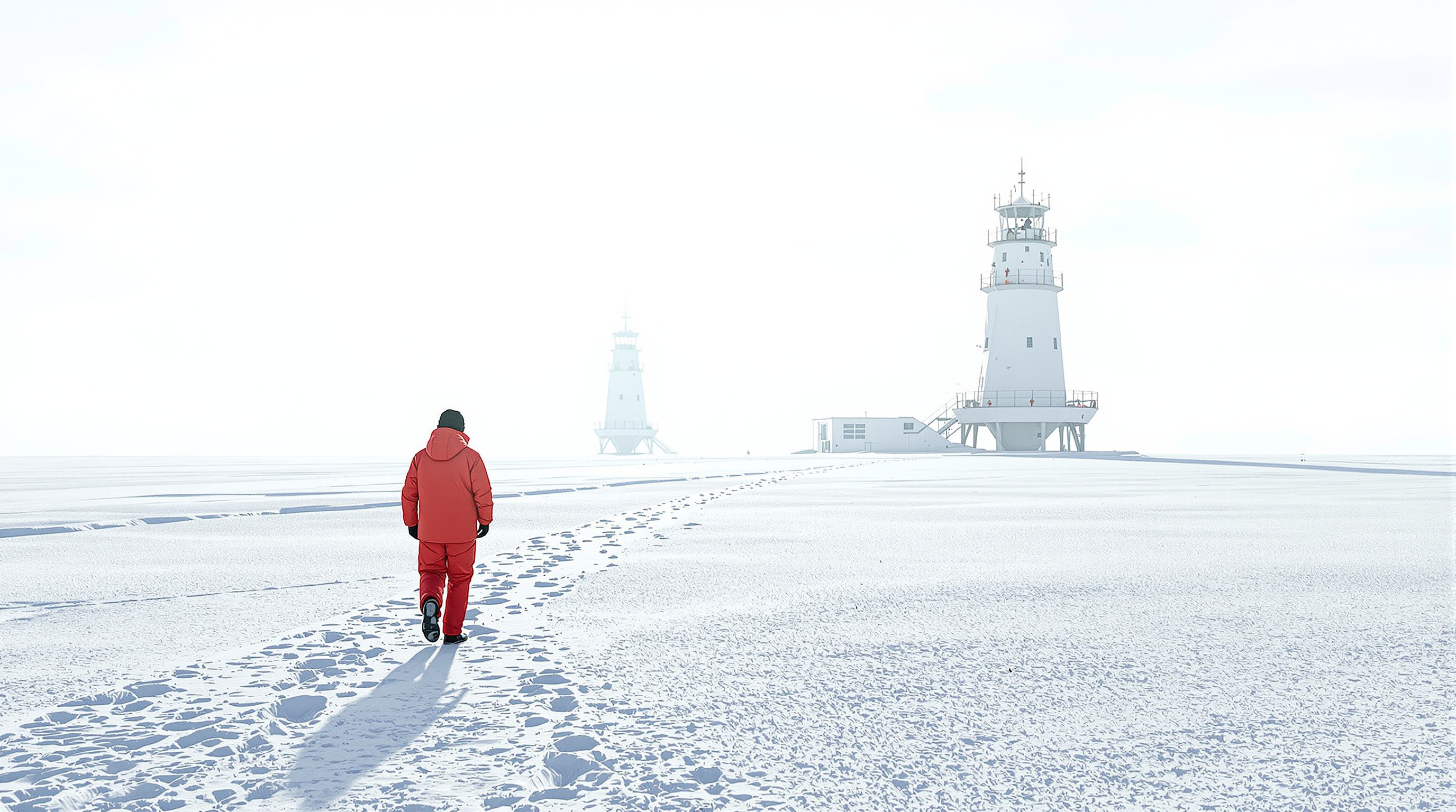 A lone figure in a red polar parka walking away from Concordia across the empty white plateau at low sun, the two faceted towers small against an immense flat horizon, a single line of footprints in the wind-packed snow