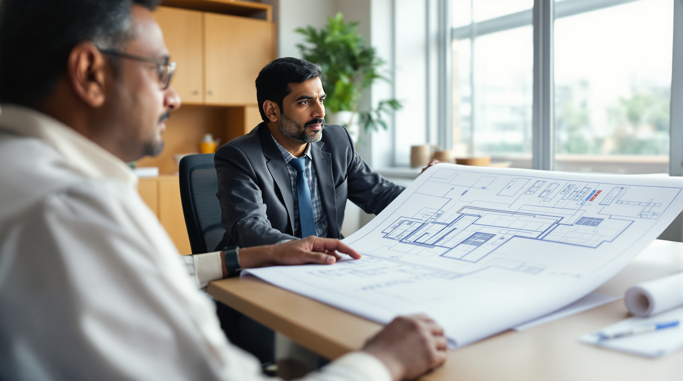Indian consultants and a pollution-control board officer reviewing sewage treatment plant layout drawings across a desk in a government office